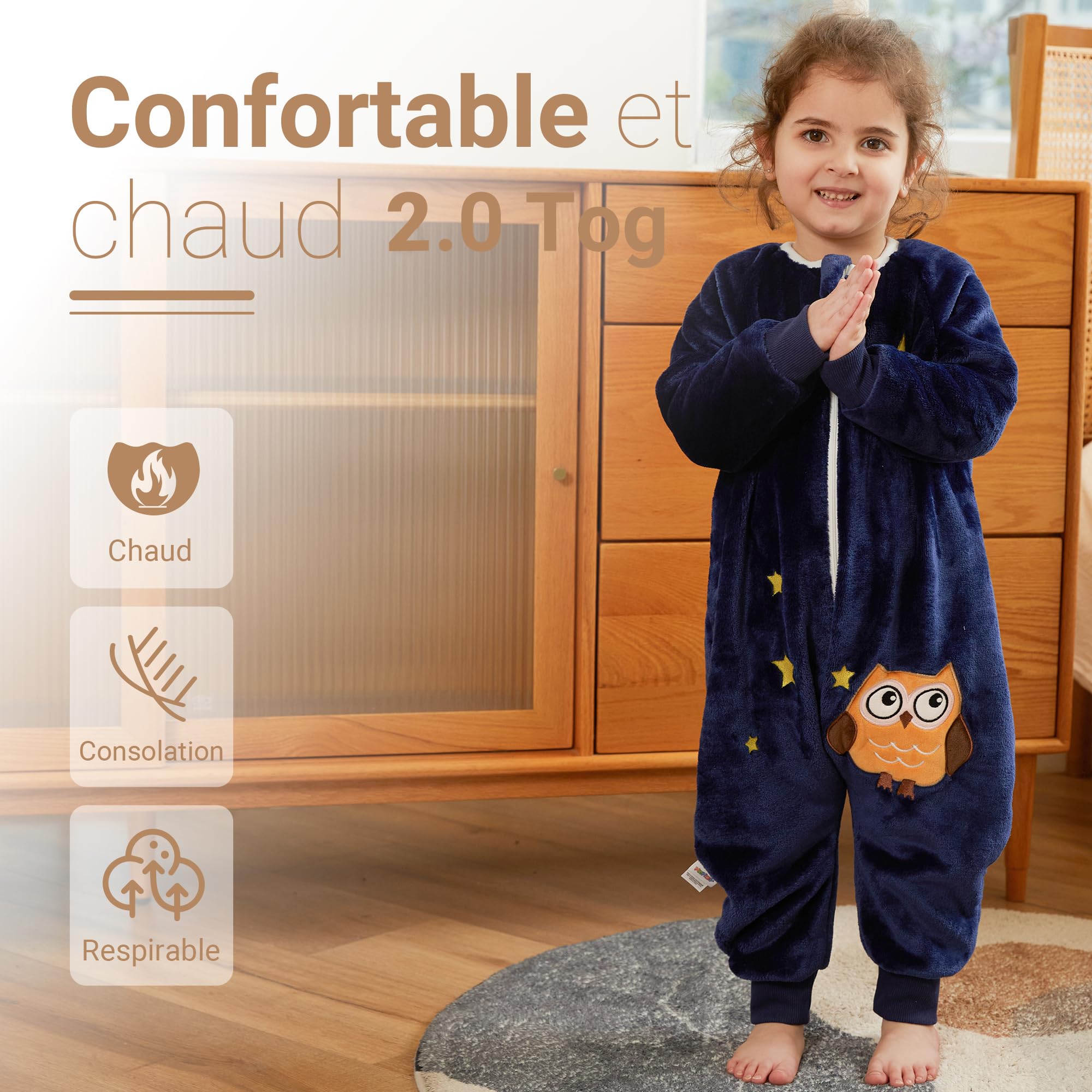 XQ&XG Bebe Gigoteuse a Pied, Unisexe Gigoteuse avec Jambes pour 4 Saisons, Gigoteuse à manches longues 2.0 TOG, Turbulette a Pied pour Garçon Fille, La Chouette, 90