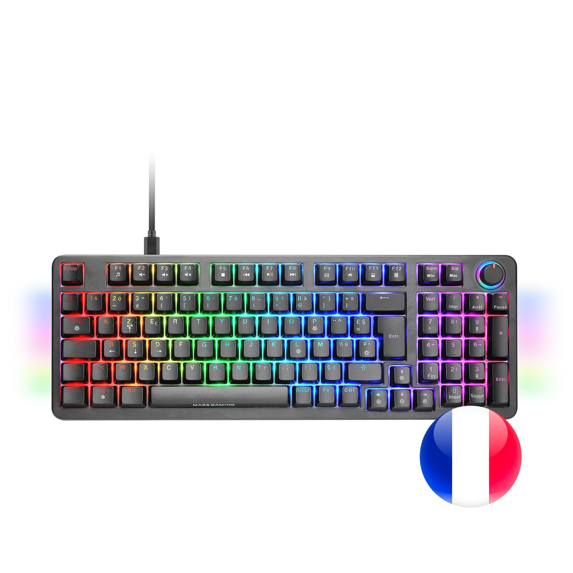 Mars Gaming MKPRO, Francés, Teclado Mecánico Gaming Completo, RGB Chroma, Switches Hot-Swap Mecánicos, Antighosting, Rueda de Control, Software, Multiplataforma, Switch Silent, Negro