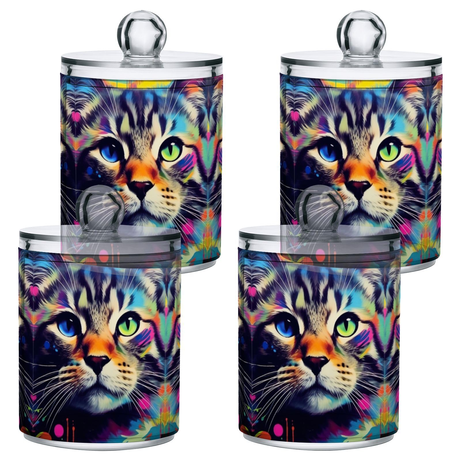 PaChyLuu Painted Cat Apothecary Jar with Lid, 10oz Clear Plastic Storage Jar for Bathroom, Qtip Holder Organizer for Cotton Balls, Swabs, Pads, 2 Pack