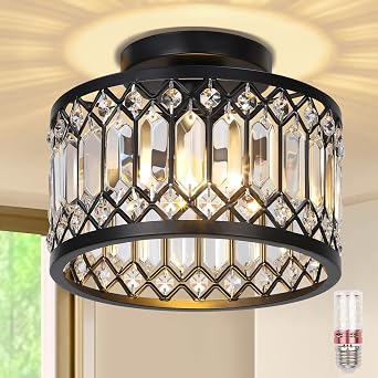 Crystal Ceiling Lights Living Room Chandeliers with Dimmable Bulb,3 Color Changing Black Ceiling Light Fixture with E27 Base for Hallway,Kitchen,Dining Room,Bedroom [Energy Class A]