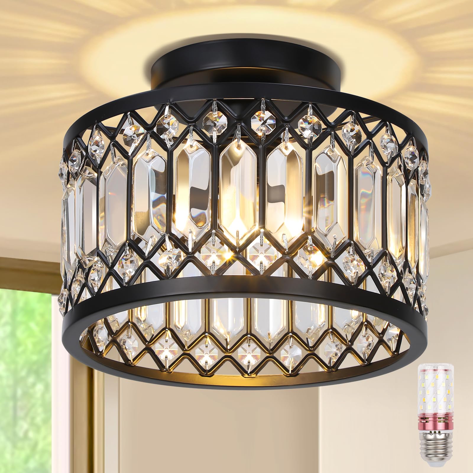 SERBASIC Crystal Ceiling Lights Living Room Chandeliers with Dimmable Bulb,3 Color Changing Black Ceiling Light Fixture with E27 Base for Hallway,Kitchen,Dining Room,Bedroom