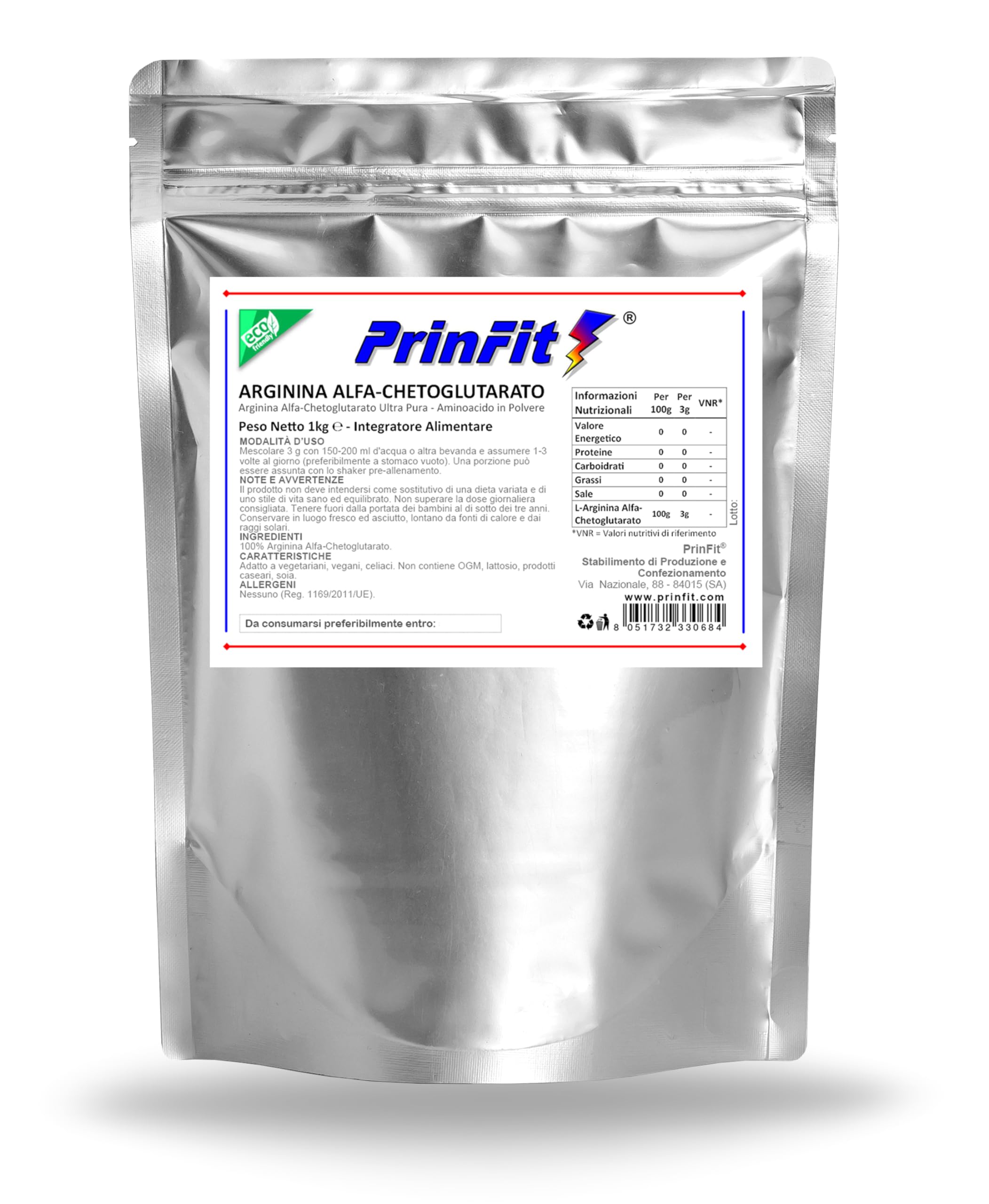 1kg / 1000g Arginina AAKG Alfa-Ketoglutarato polvere 100% - Integratore alimentare di L-Arginina Alpha Chetoglutarato per Sportivi per Pre Workout potente Vegan stimola Ossido Nitrico