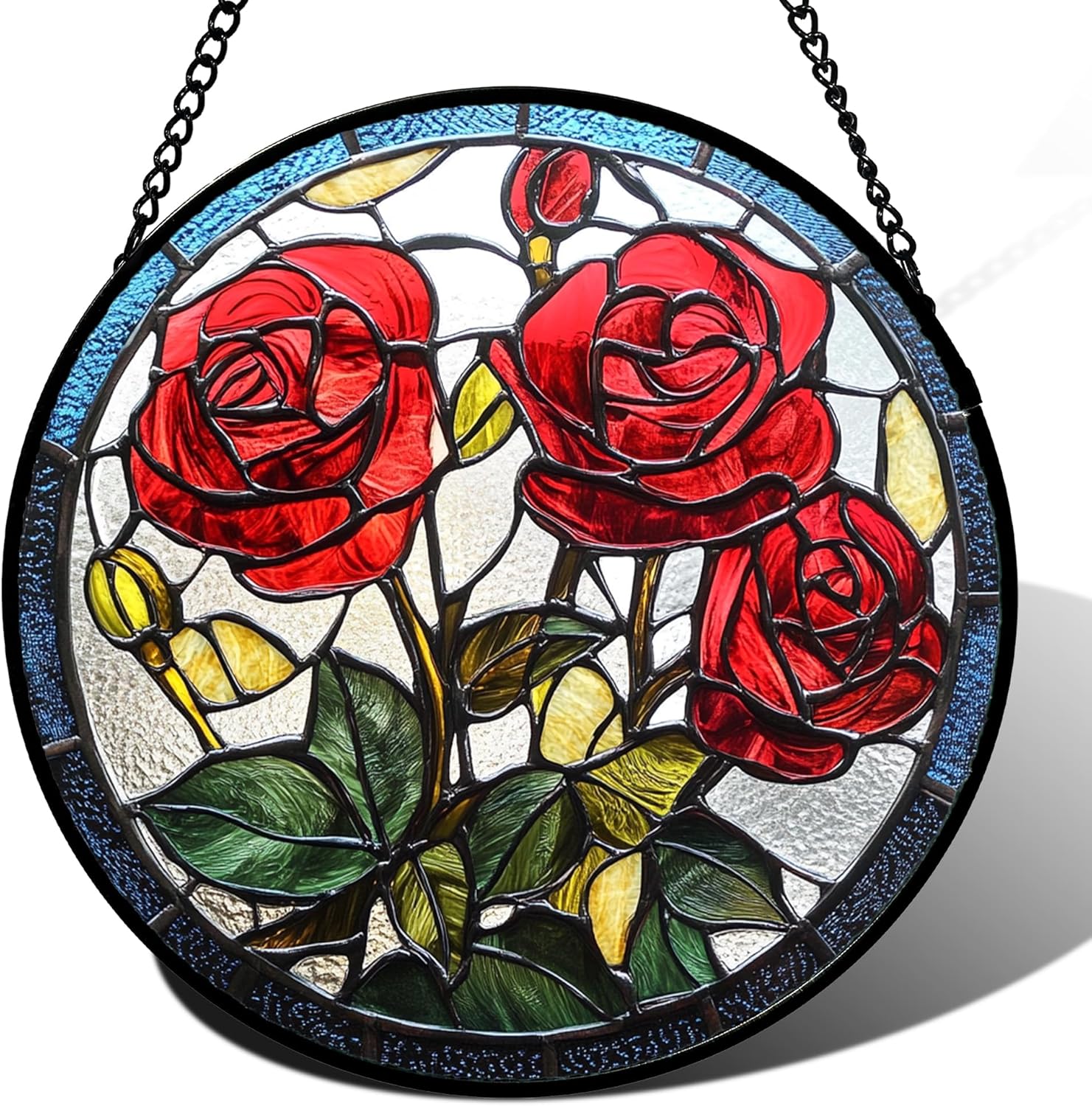 Stained Glass Window Hanging Red Rose Flower Large 15" - Suncatcher Door Garden Sun Catcher Decor Birthday Anniversary Valentines Day Gifts for Woman Wife Men Her Him Lovers Girlfriend