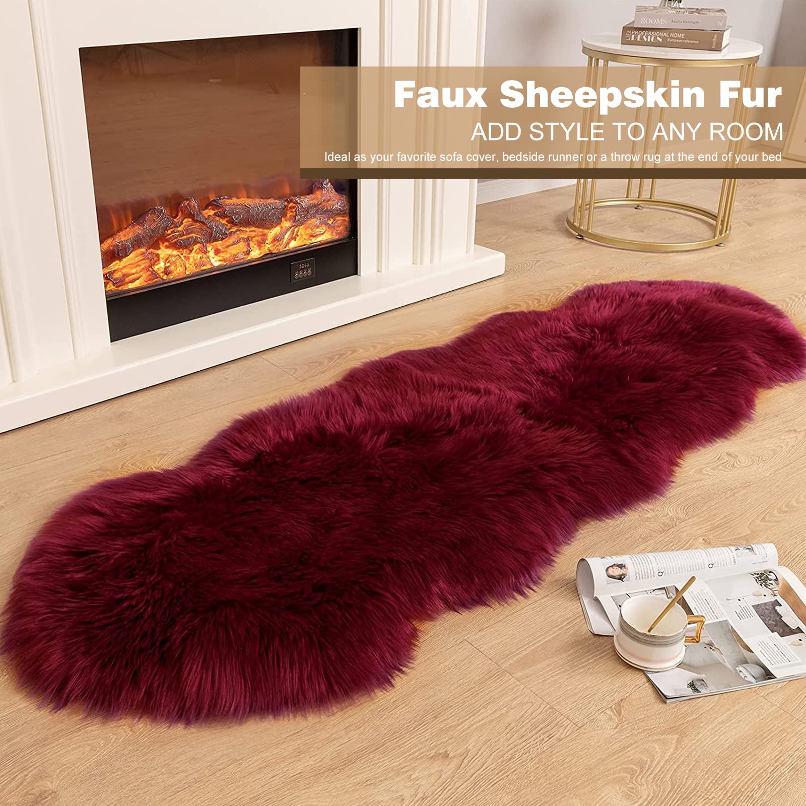 Lammfellimitat Teppich Faux Lammfell Schaffell Teppich Weich Flauschig Faux Fell Teppich Bettvorleger Sofa Matte Kunstfell Dekofell für Wohnzimmer Schlafzimmer (60x180 cm, Rot)