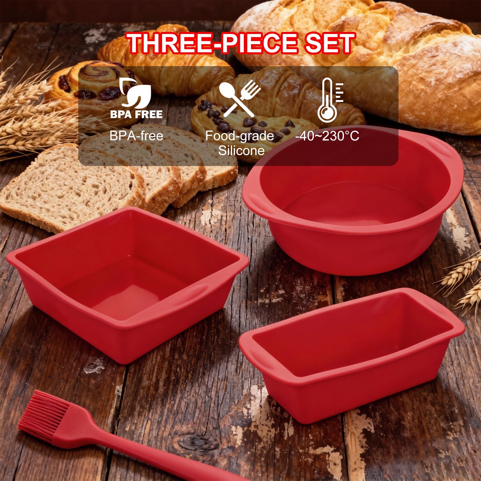 3 Stampi in Silicone per Dolci con Pennello, Stampo Plumcake Silicone Rettangolare, Rotondo e Quadrato, Stampo Silicone Antiaderente Riutilizzabile per Pane, Torte e Dessert