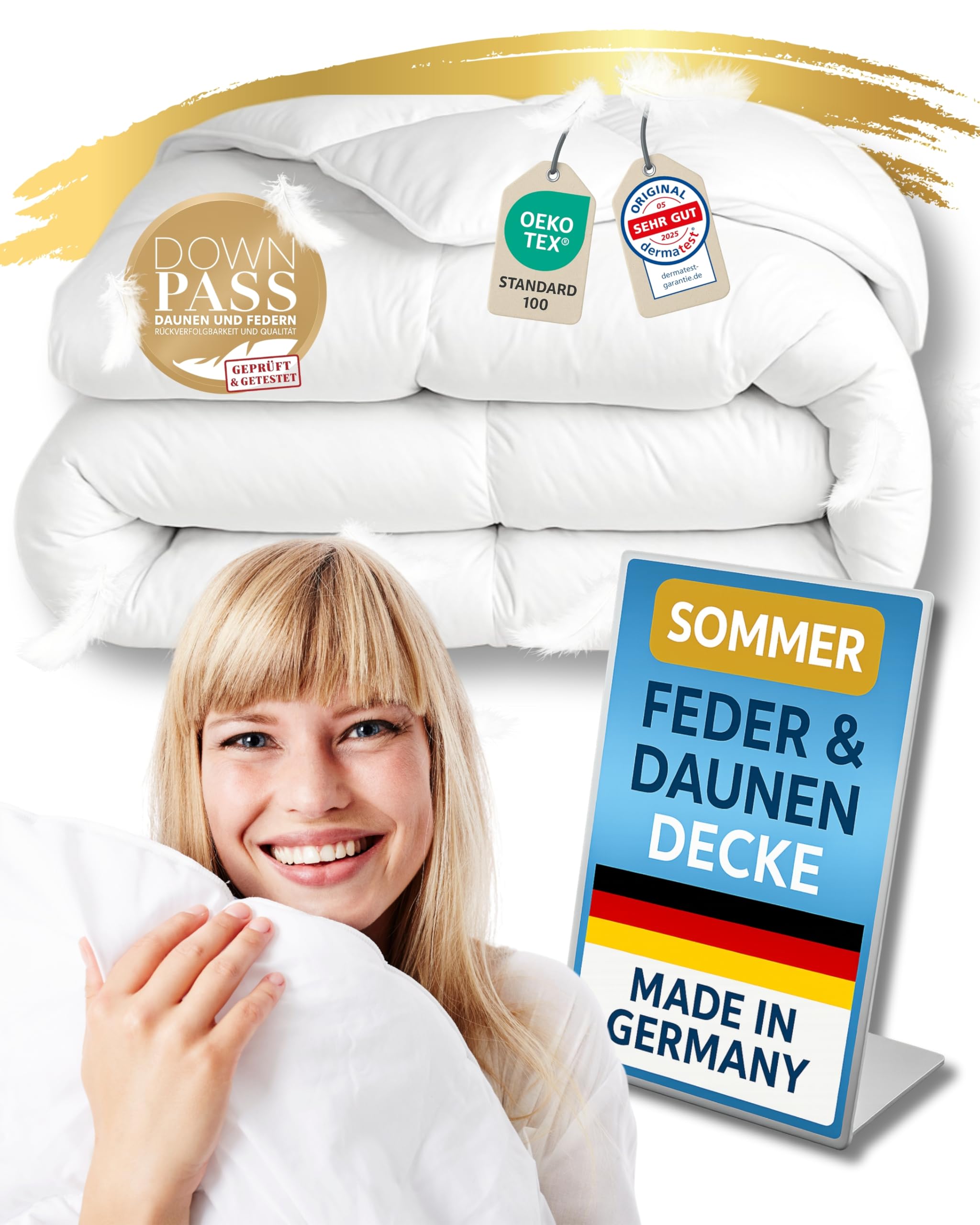 Feder- und Daunendecke 155x220 - Made in Germany | Traumhaft flauschig mit 100% Federn & Daunen | Bettdecke 155x220 - Allergiker geeignet | Daunenbettdecke | Sommerdecke | Federbett | Oeko-Tex