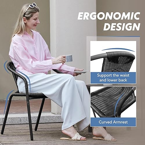 Miniatura 7 de UDPATIO Juego de 6 sillas de comedor de ratán para exteriores, sillas apilables de mimbre para patio con respaldo curvado para todo tipo de clima y