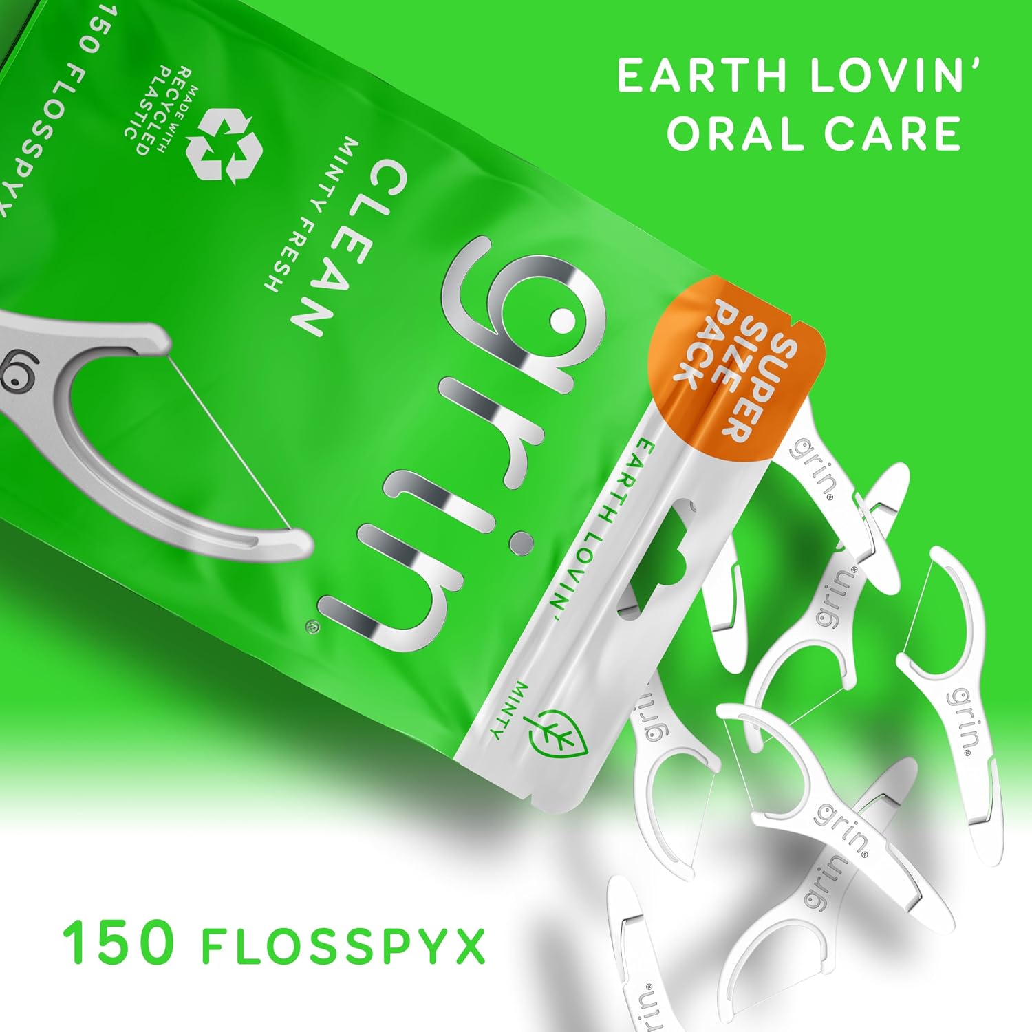 Зубная нить GRIN Clean Flossspyx, 150 зубных щеток, Зубная нить с мятным вкусом, переработанный пластик, Сверхпрочная тонкая зубная нить, плотно прилегающая к зубам, Удлиненная головка зубной нити премиум-класса длиной 150 футов (упаковка из 1 штуки) с надежным клапаном, Зубочистка, фото 3
