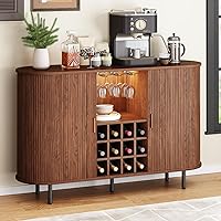 ONBRILL 55" Wine Bar Cabinet with LED Lights, Wine Rack for 12 Bottles, Glass Holders & Charging Ports - Modern Farmhouse Buffet Sideboard (Walnut)