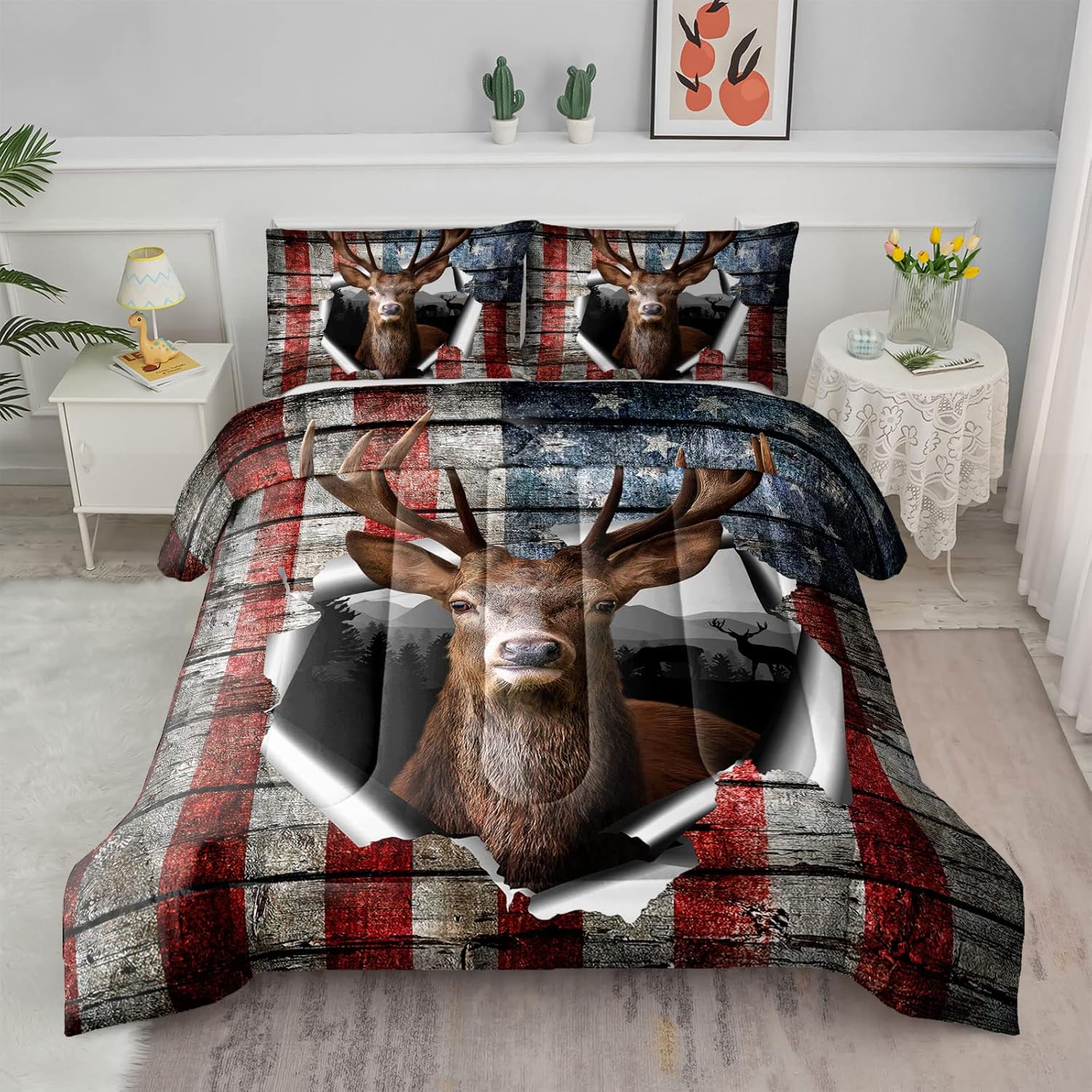 Axolotl American Flag Deer Comforter Set Full Size,Wildlife Animal Theme Bedding Set
