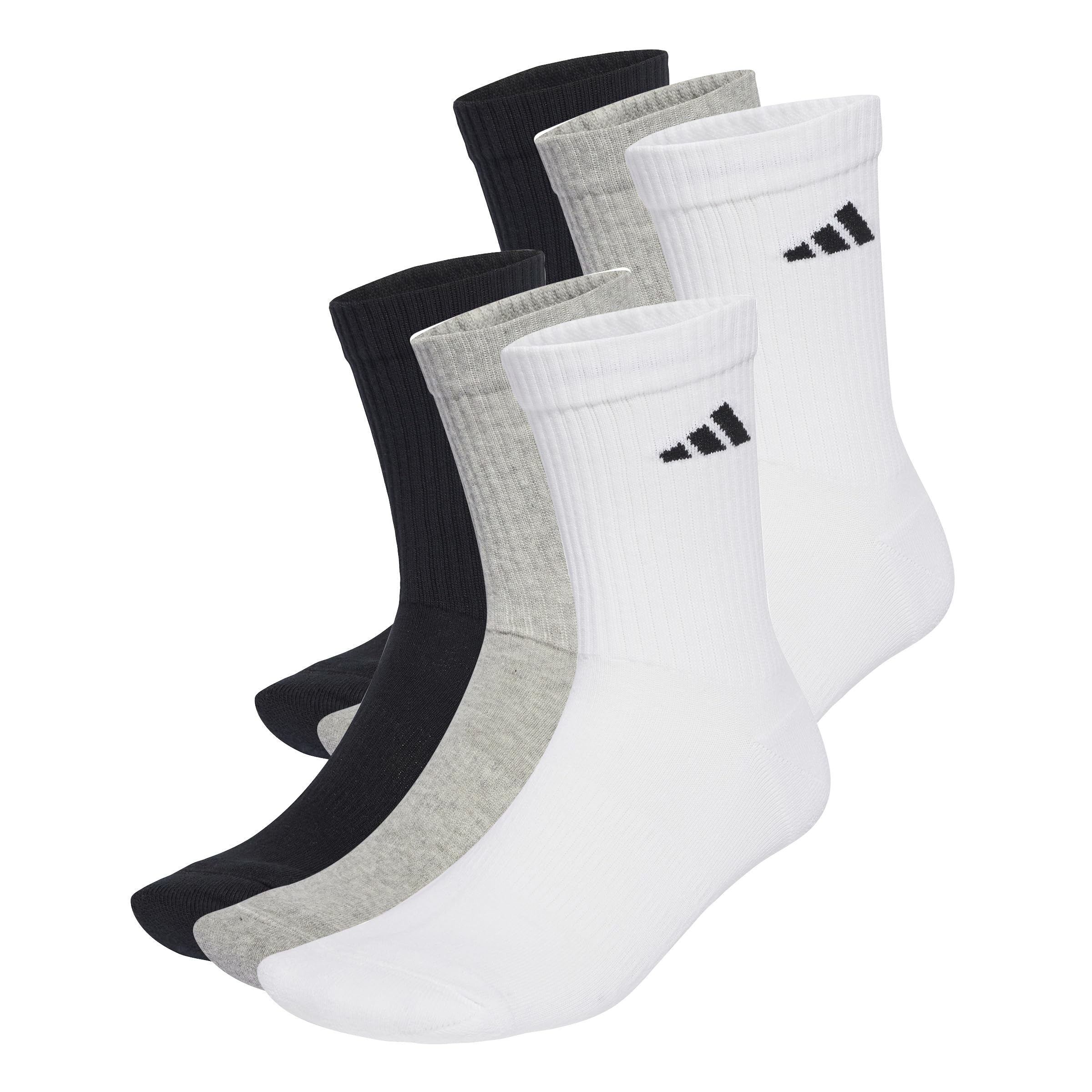 adidas Unisex CUSHIONED CREW SOCKS 6 PAIR PACK, White/Medium Grey Heather/Black, 5-6 Years