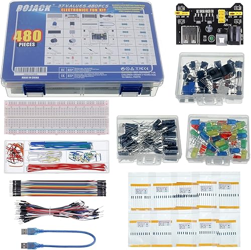 Miniatura 2 de BOJACK 37 Values - Kit de 480 piezas de componentes electrónicos con módulo de fuente de alimentación, cable de puente, potenciómetro de precisión,