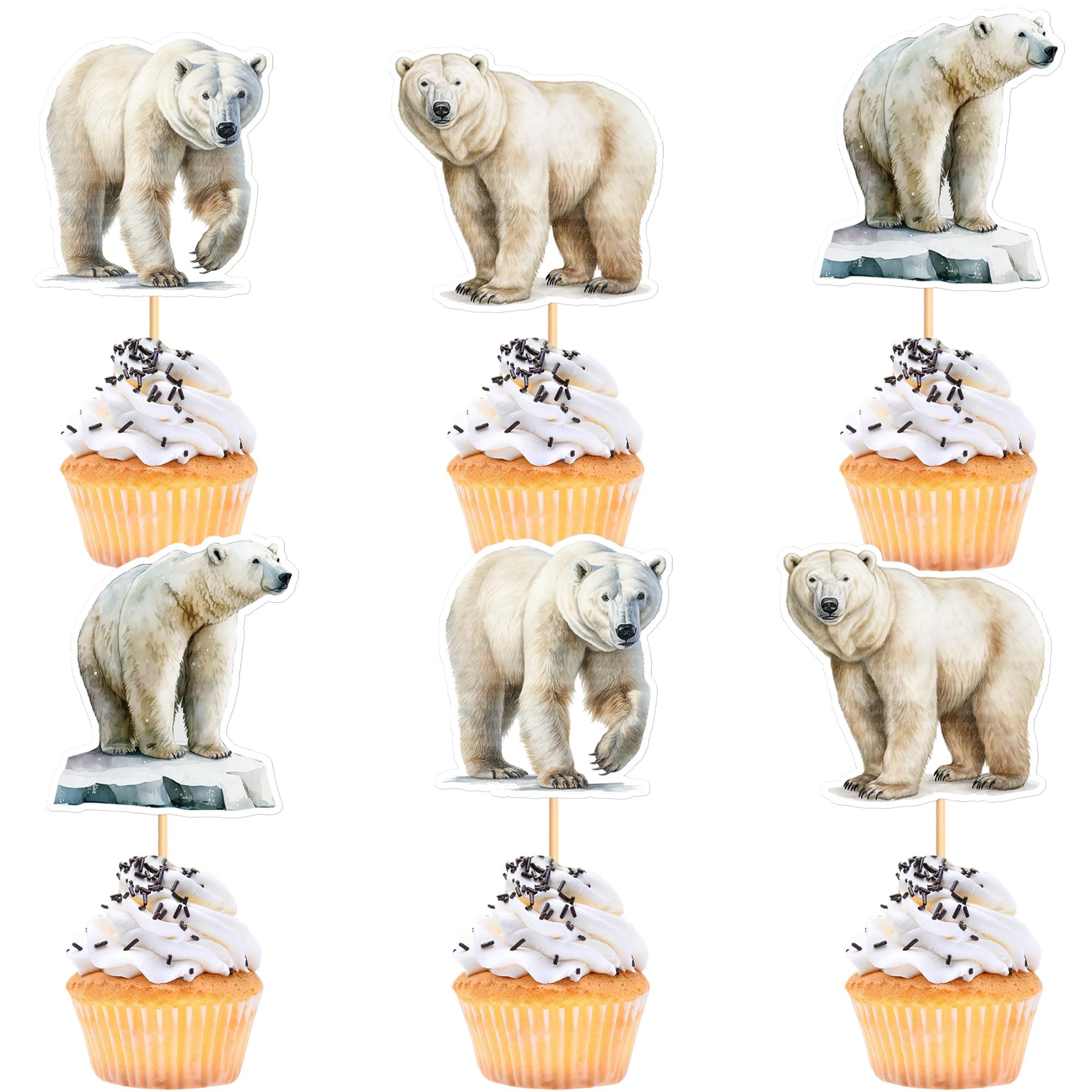 Ercadio 24 Pack Polar Bear Cupcake Toppers and Picks for Baby Shower, Birthday, Animal Theme Party Cake Decor Supplies