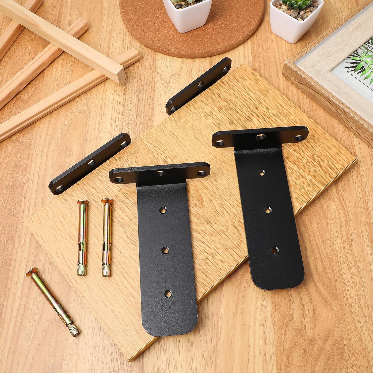 4 Pcs Heavy Duty Floating Shelf Brackets Black Metal Corner Braces for Wall Shelving Thickened Widened Supports with Rounded Edges for Strong Load-Bearing and Space-Saving Storage