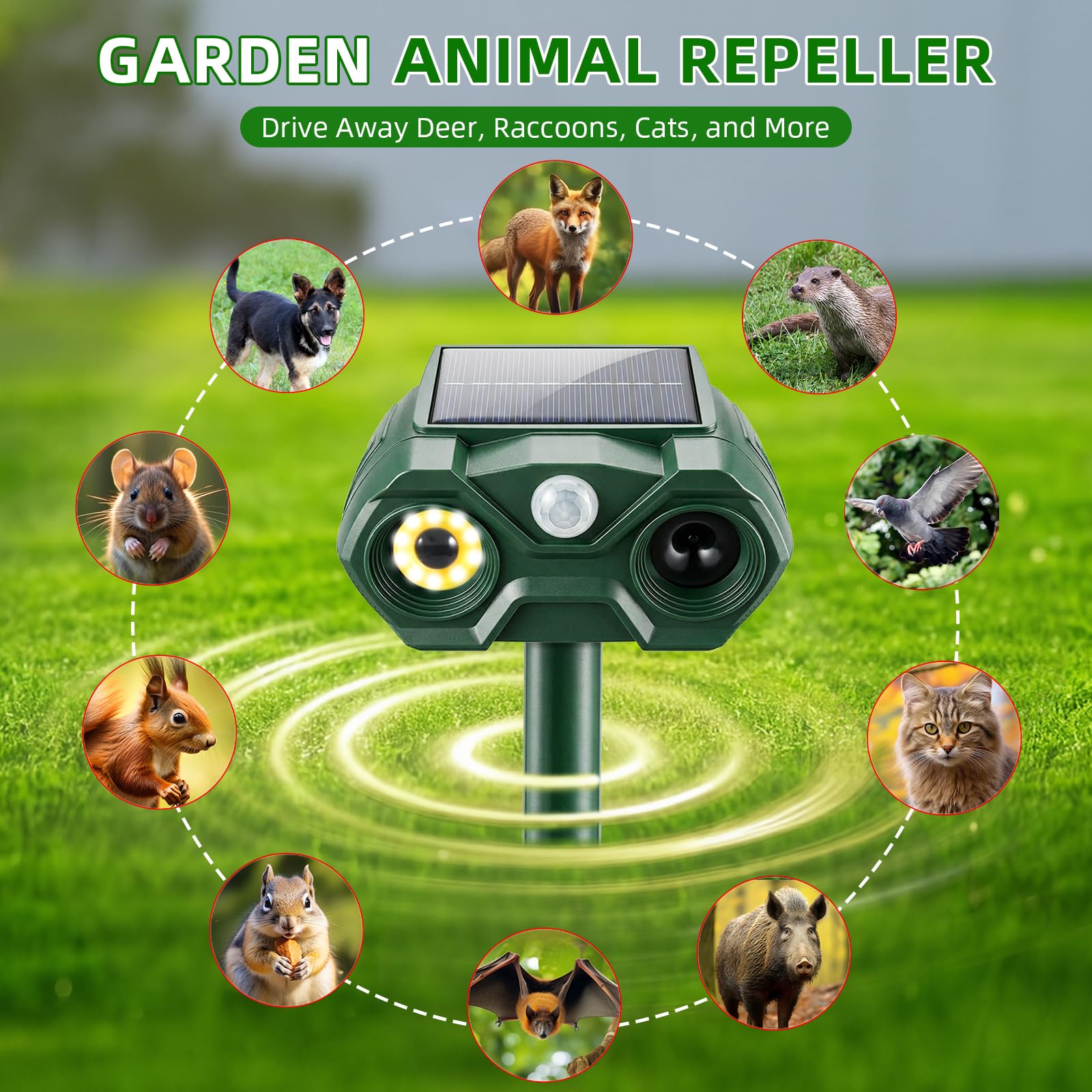 Repellente solare per animali da esterno, 2 pezzi, ricaricabile tramite USB, repellente per gatti, scoiattolo, coniglio, volpe, frequenza regolabile, dispositivi repellenti per cervi con rilevamento