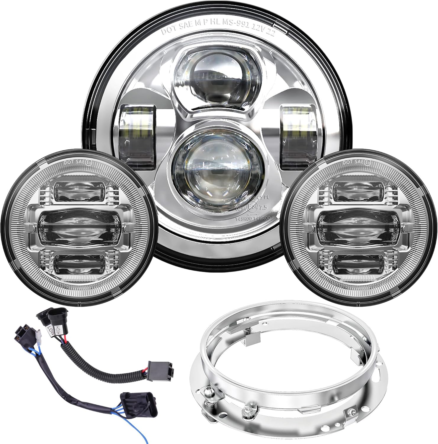New 7 inch LED Motorcycle Headlight 4.5″ Fog Passing Lights Kit DOT Compatible with Harley Davidson Touring Road King Street Glide Ultra Classic Electra Glide Heritage Softail Deluxe Fatboy