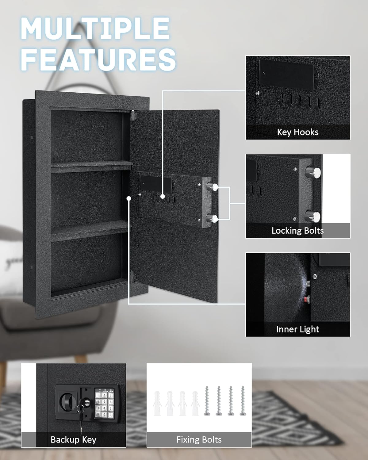 JINXNOBI Wall Safe,Hidden Wall Safe,Hidden Eletronic in Wall Safes between the Studs,Wall Mount Safe,H22.8”,W15.4”,Black