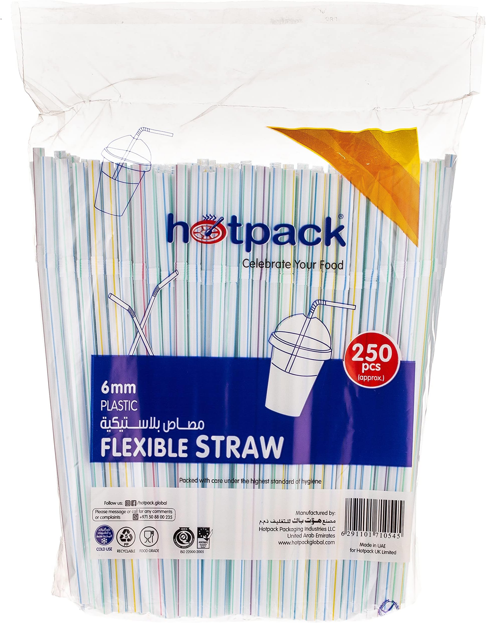Hotpack Extra Long Disposable Flexible Plastic Drinking Straws, 6mm, 250 Pcs
