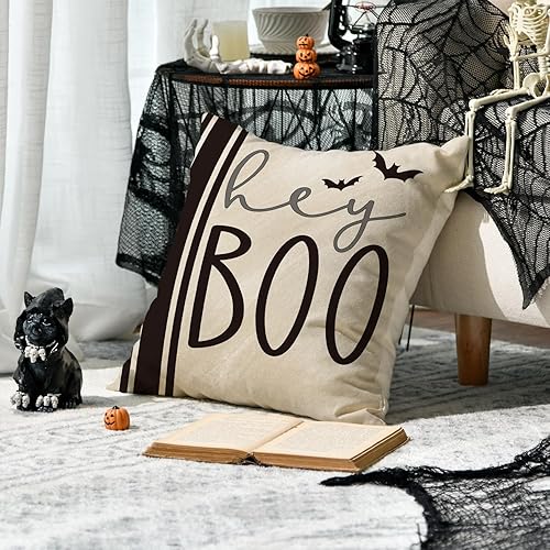 Miniatura 4 de AVOIN colorlife Juego de 4 fundas de almohada de Halloween Hey Boo con diseño de fantasma, 20 x 20 pulgadas, para sofá