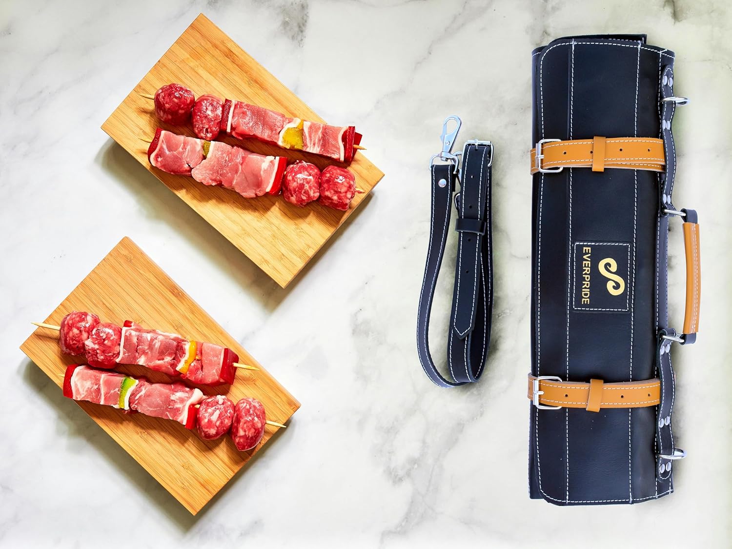 EVERPRIDE Premium Black Leather with Stunning Tawny Wheat Trim, Professional Chef Knife Roll and Bag for Knives, Sturdy Construction Chef Bag, Easy Carry Luxury Knife Case