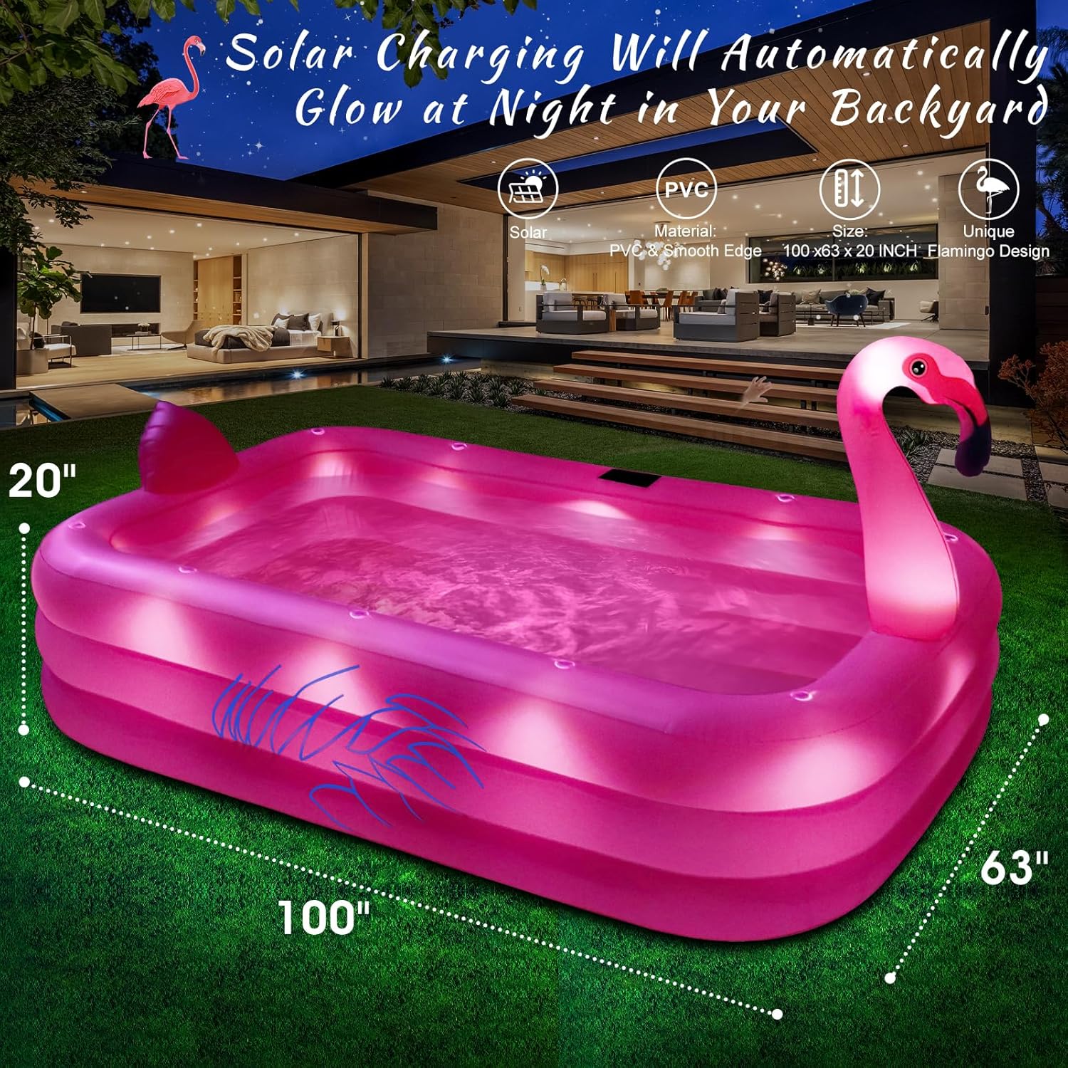2026 Inflatable Pool with Lights, Solar Flamingo Swimming Pool for Adults Inflatable Blow up Pool, Durable Thickened Pool for Backyard,Outdoor,100"X63"X20"-Dark Blue
