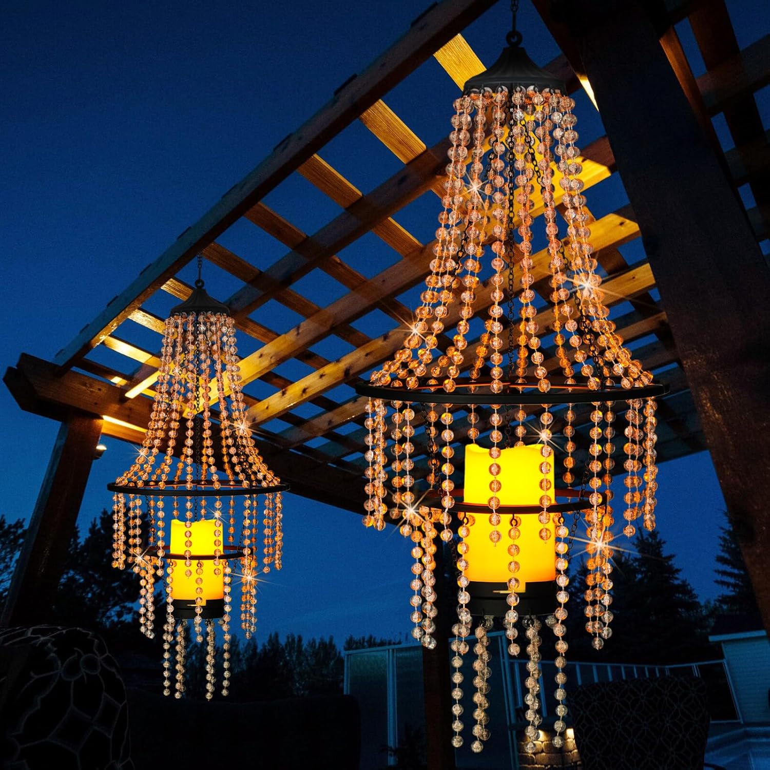 Hanging Candle Lantern Outdoor, 28” Battery Operated Modern Clear Acrylic Crystal Chandeliers with Flickering Yellow Led Candle Light S Hooks for Garden, Backyard, Gazebo, Room Indoor Indoor Decor