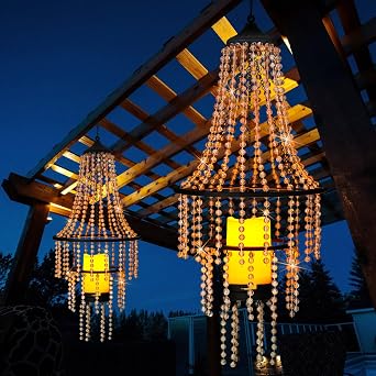 Hanging Candle Lantern Outdoor, 28 Battery Operated Modern Clear Acrylic Crystal Chandeliers with Flickering Yellow Led Candle Light S Hooks for Garden, Backyard, Gazebo, Room Indoor Indoor Decor