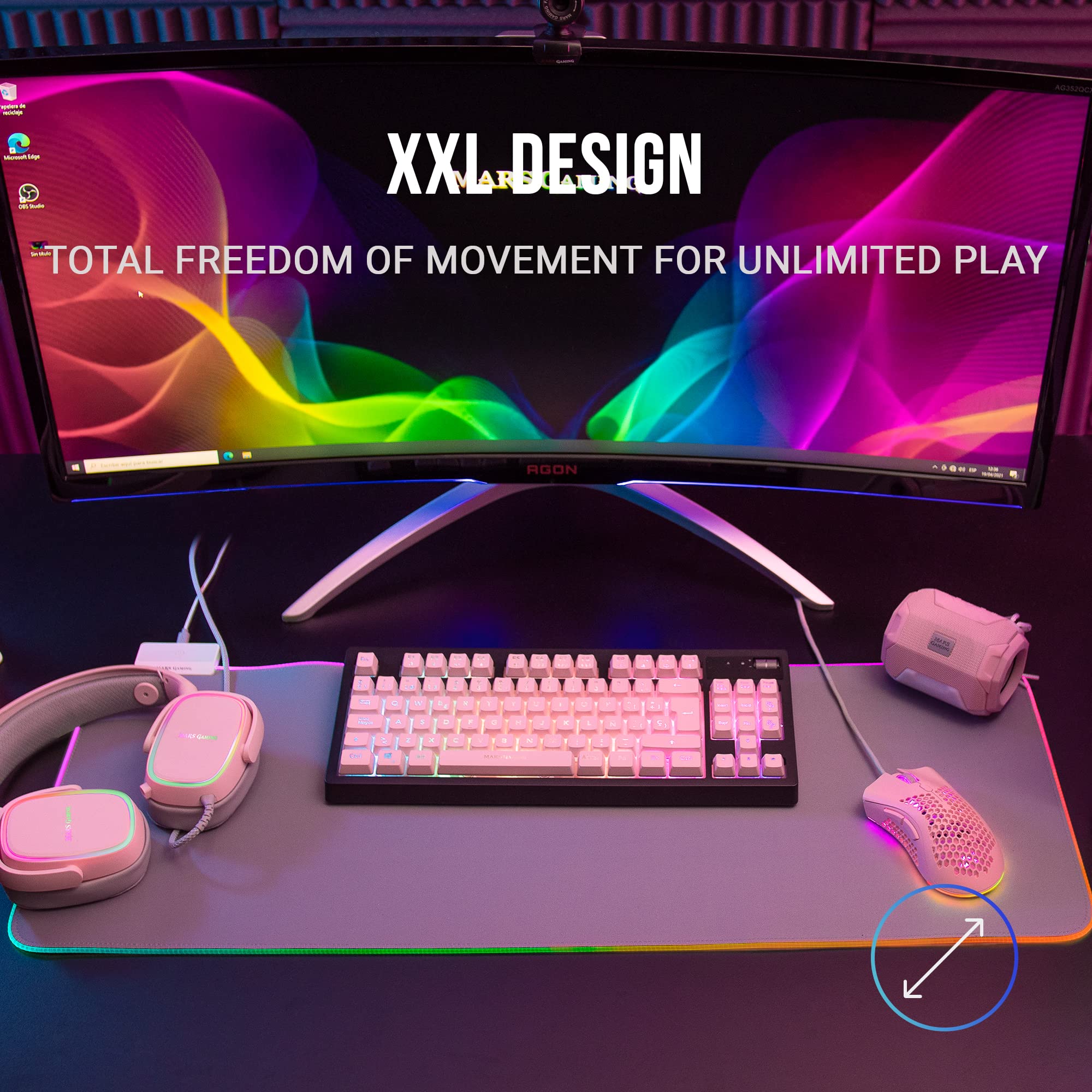 MARSGAMING MGDRGBW, Mesa Gaming RGB, Soporte Cascos + Botella, 110x60cm, Blanco & Mars Gaming MMPRGB2S XXL, Alfombrilla Ratón RGB 12 Modos, 2 USB 2.0, Blanco Plata