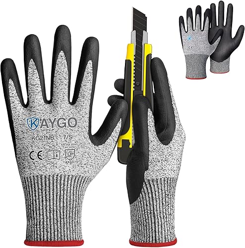 KAYGO Guantes resistentes a los cortes, revestimiento de nitrilo de microespuma, nivel de corte ANSI A3, rendimiento de agarre superior, guantes de