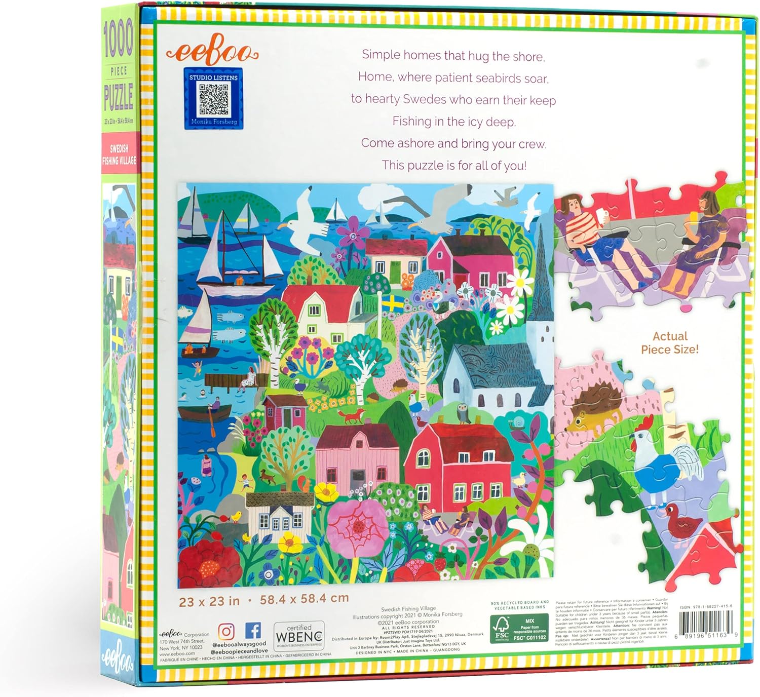 eeBoo 1000 Piece Puzzle - Swedish Fishing Village Jigsaw Puzzle for Adults, Square 23" x 23" Made with Recycled Board & Vegetable-Based Ink
