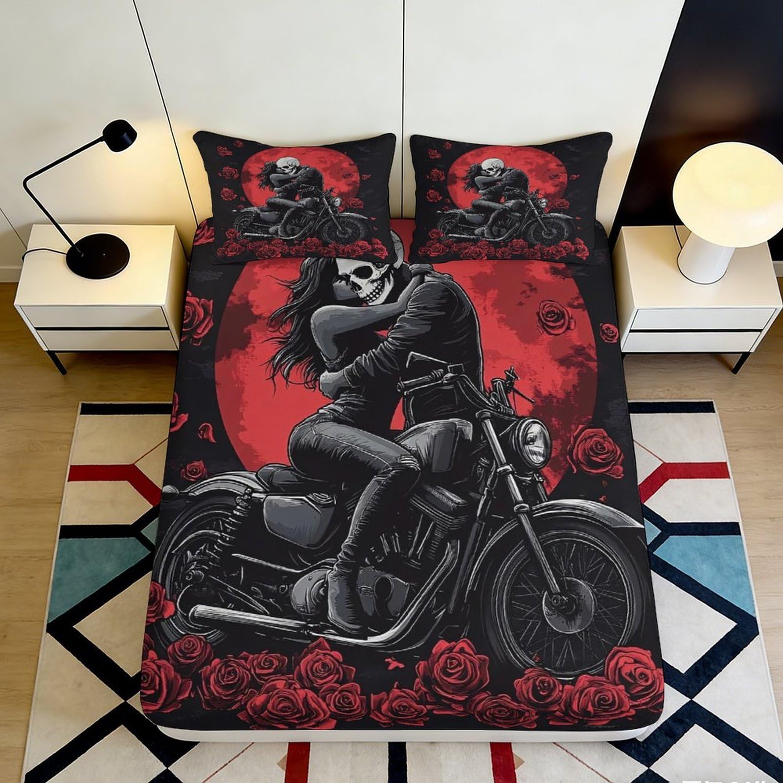 3D Printed Skull Motorcycle Fitted Sheet Microfiber Red Rose Mattress Cover for Bedroom Dorm Easy Care 180x200x25cm
