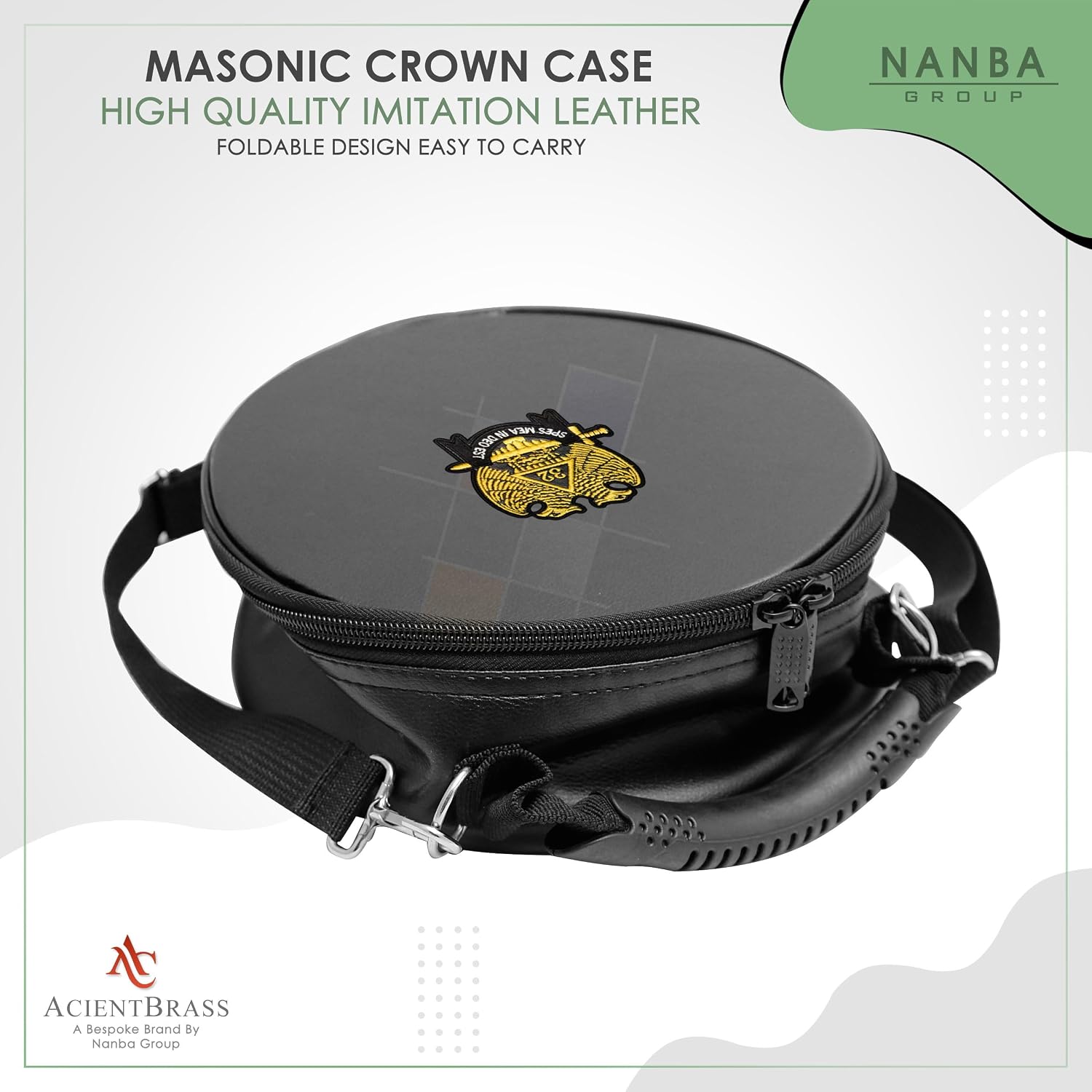 Masonic Crown Cap Case 32 - Imitation Leather Foldable Round Storage Bag with Shoulder Strap - Portable Black Hat Protector for Masonic Fez & Accessories
