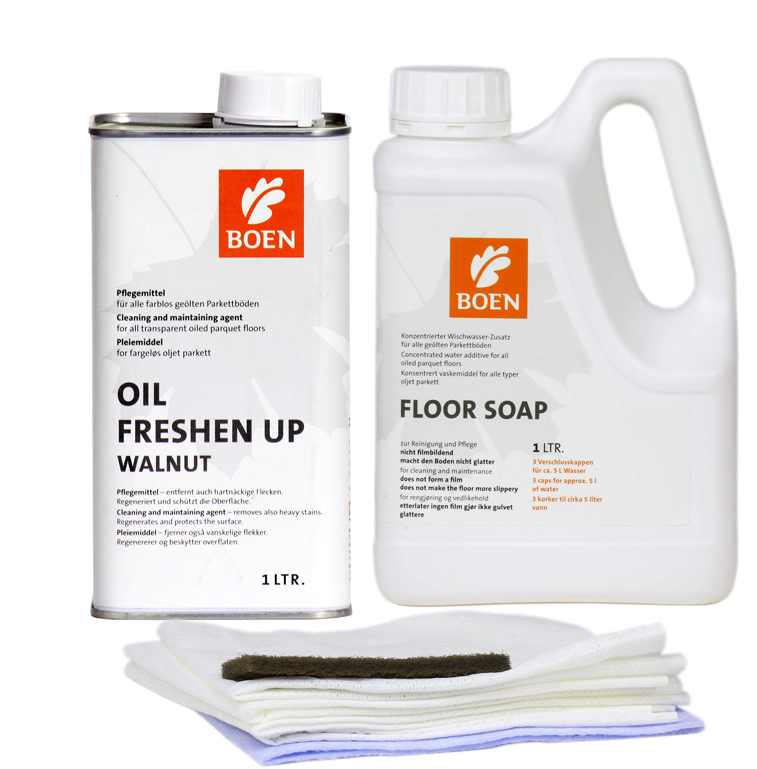 HPS | Kit de mantenimiento - para el cuidado Boen para oscuro engrasada de parquet - 1 LT. Boen Floor soap - 1 LT. Aceite refrescar Up vs, oscuro Boen cuidado de toallitas húmedas