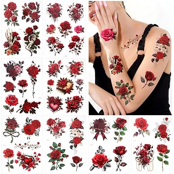 Konsait 8 Sheets Rose Temporary Tattoos for Women Girls, Flower Tattoos Fake Tattoo Rose Flower Body Makeup Tattoo for Valentines Day Dating Weddings
