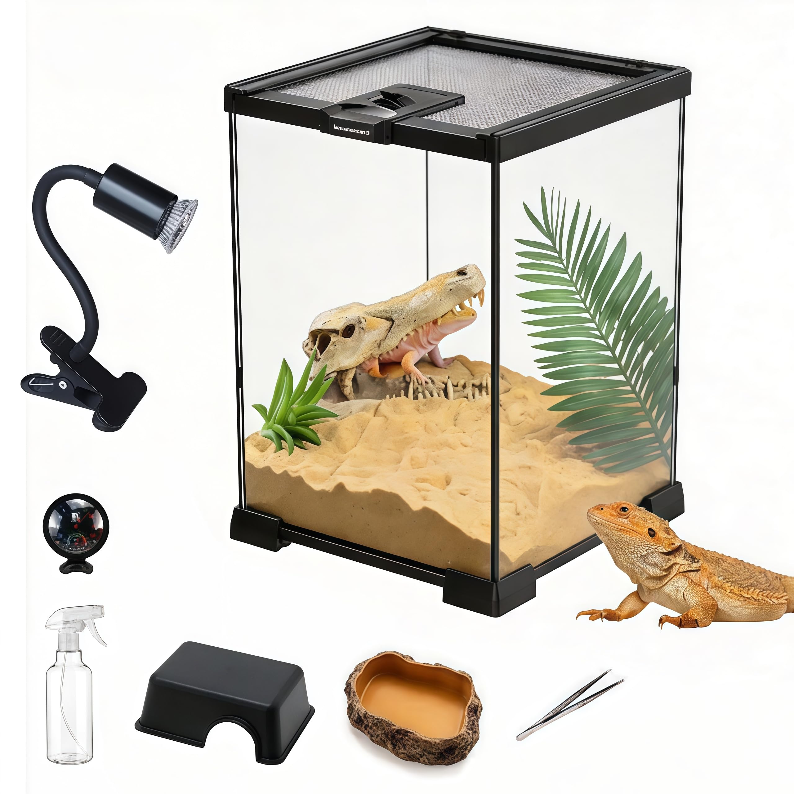 Set de Terrario, Terrario Reptiles de Vidrio de 20 x 20 x 30 cm Kit de Terrarios con Lámpara para Reptiles Termómetro Tanque Pequeño con Diseño de Piedras Comedero Pinzas y Regadera Pequeña