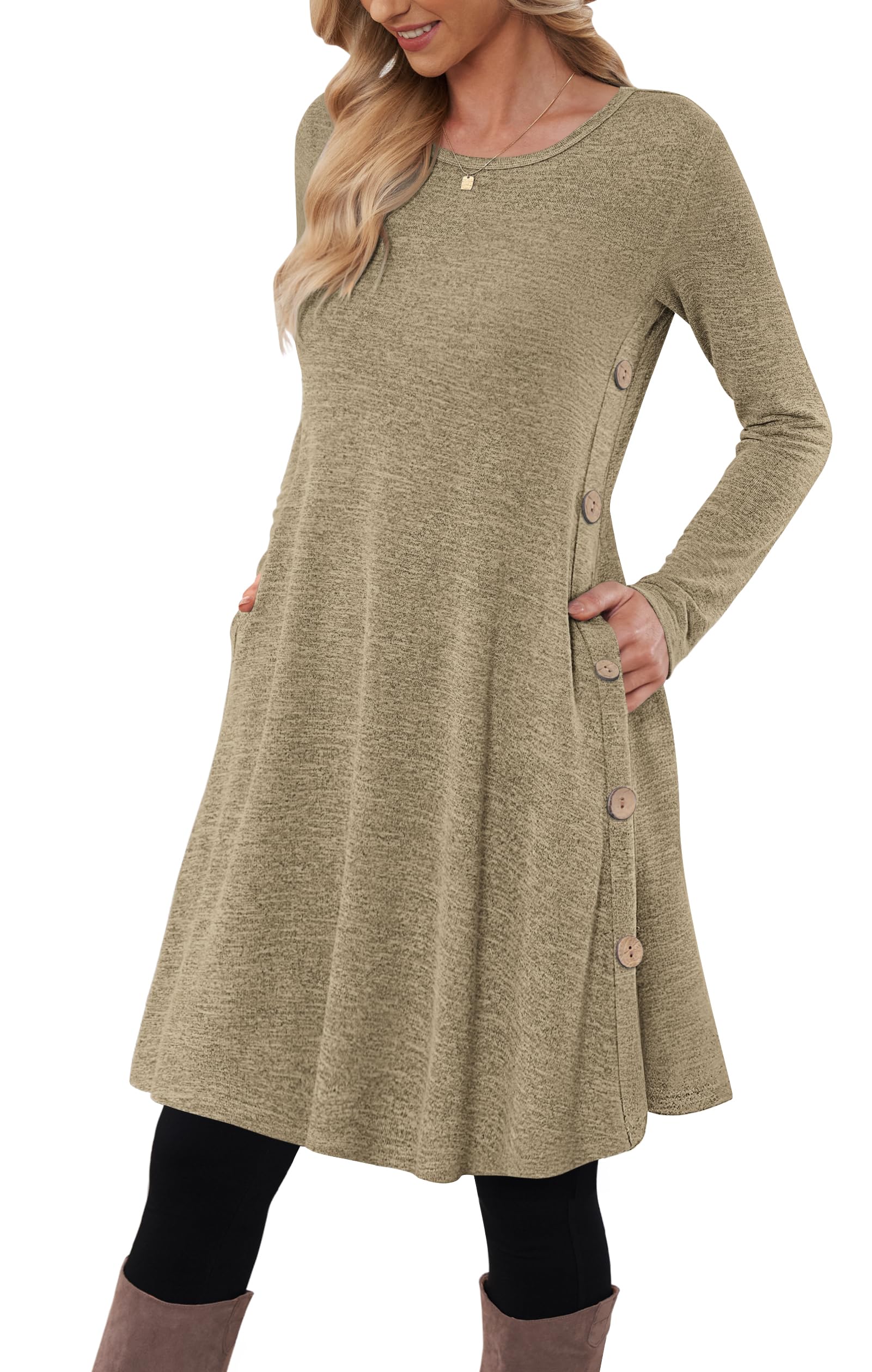 Molerani Women's Khaki Jumper Dress For Long Sleeve Dress Button Casual Tunic Dress With Pockets Size 20-22 Xl