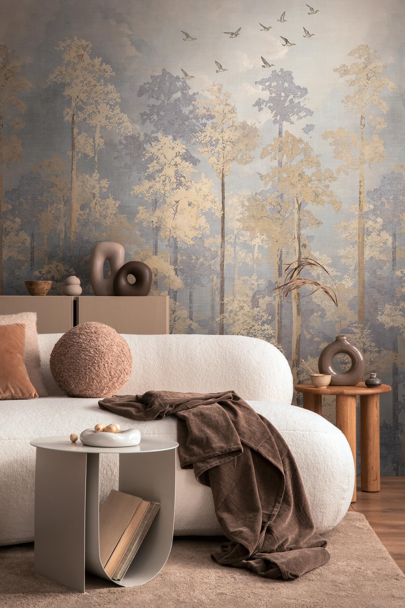 Livingwalls CosmoLiving Non-Woven Wallpaper with Forest Design in Beige, Blue, Yellow – 8,80 x 0,53 m Designer Wallpaper by Cosmopolitan – 791447