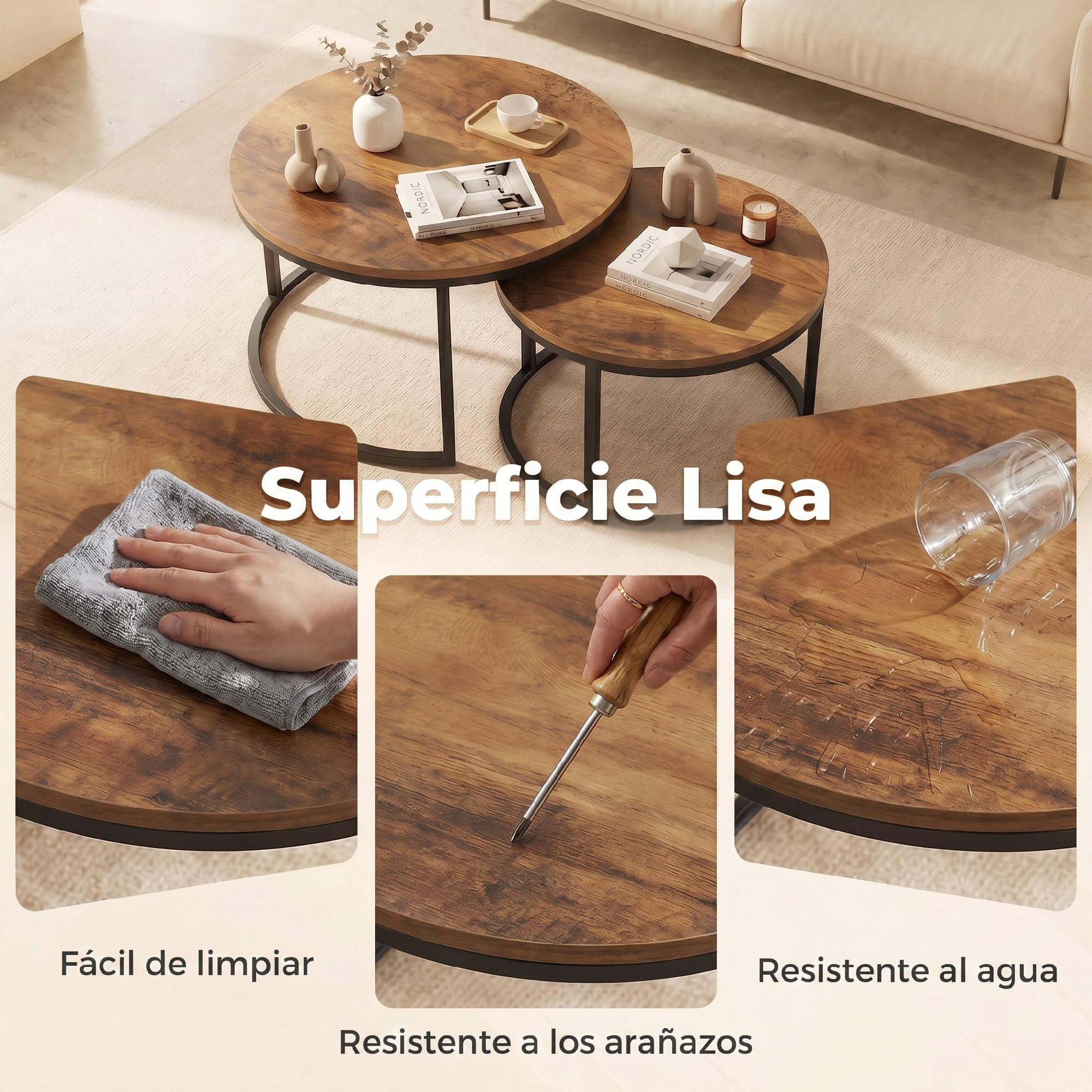 HOMCOM Set de 2 Mesas de Centro Redondas Nido, 60x60x 45 cm, Marrón | Industriales, Estructura Metálica, Salón, Dormitorio u Oficina