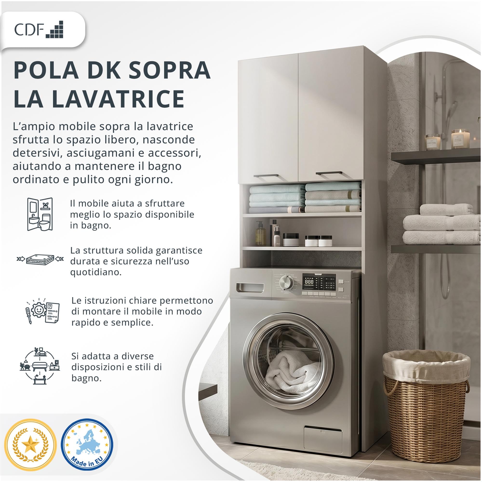 CDF Mobile da Bagno Armadio Sopra Lavatrice con Ante Corte e Ripiani Mobile Contenitore Alto Salvaspazio per Bagno Lavanderia Corridoio Garage Studio Ufficio Organizzatore Moderno – Cachemire