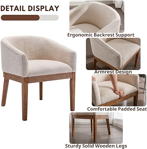 Miniatura 5 de Wahson - Juego de 2 sillas de comedor de barril de mediados de siglo, sillas de comedor beige con brazos, sillas de cocina tapizadas de lino con