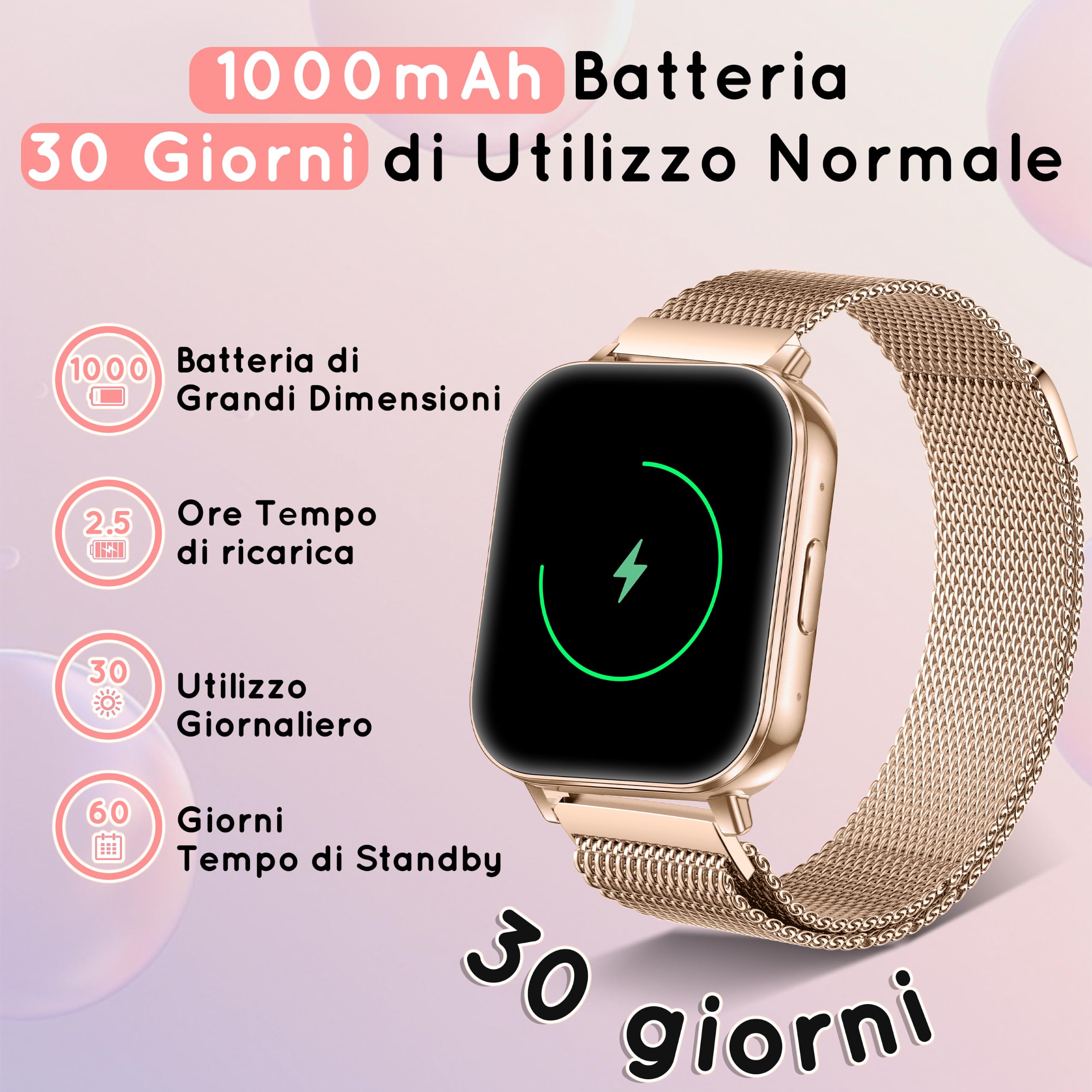 Smartwatch Damen, 1,85" Orologio 30+ Giorni di Autonomia Effettua/Risposta Chiamate con Frequenza/SpO2/Sonno 120+ Sportive Fitness Tracker Smart Watch per iOS Android, Roségold/1000mAh