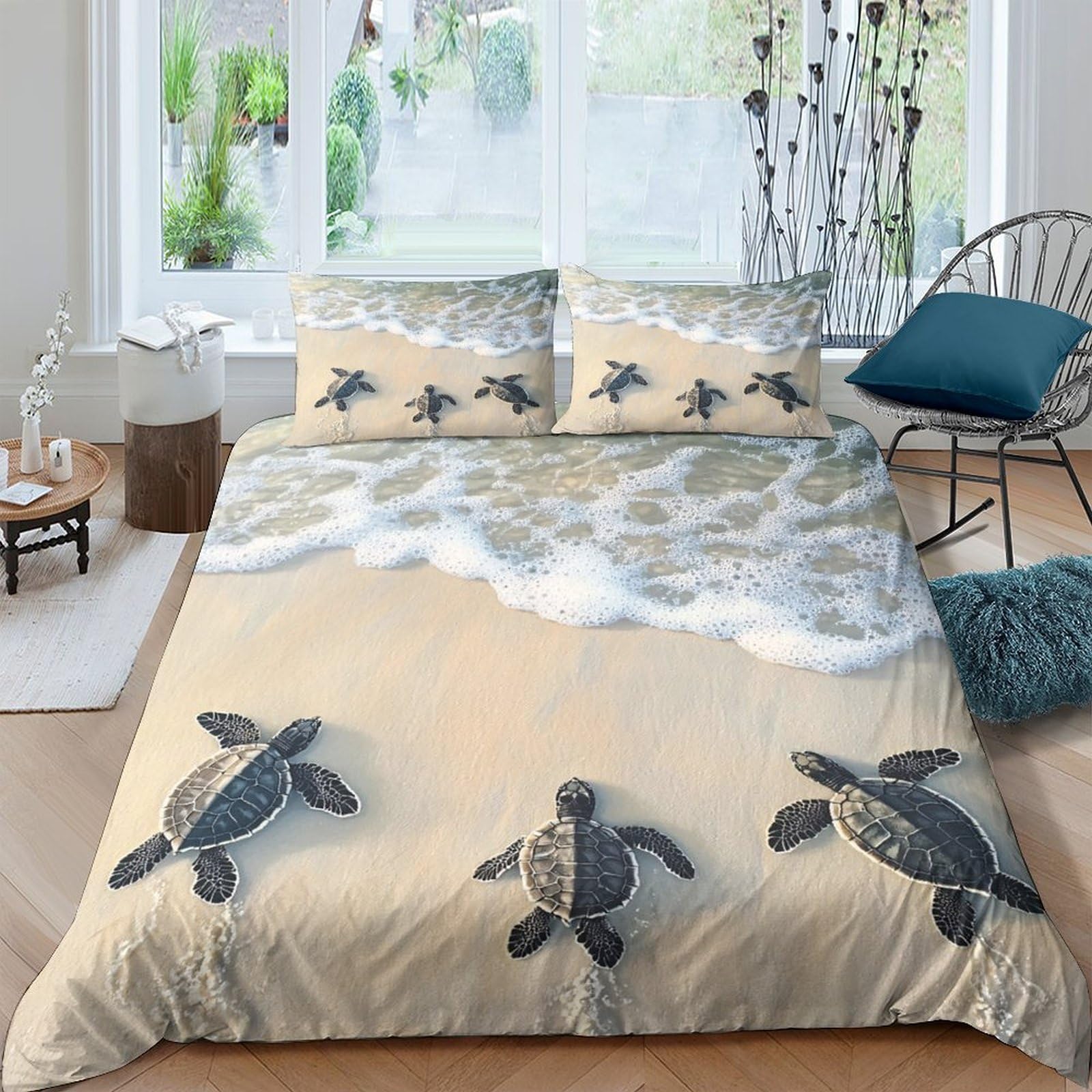 GPLZQXKJNH 3D Printed Sea Turtle Beach Duvet Cover Microfiber Soft Breathable Ocean Wave Bedding Set with 2 Pillowcases for Bedroom Decor Single（135x200cm）
