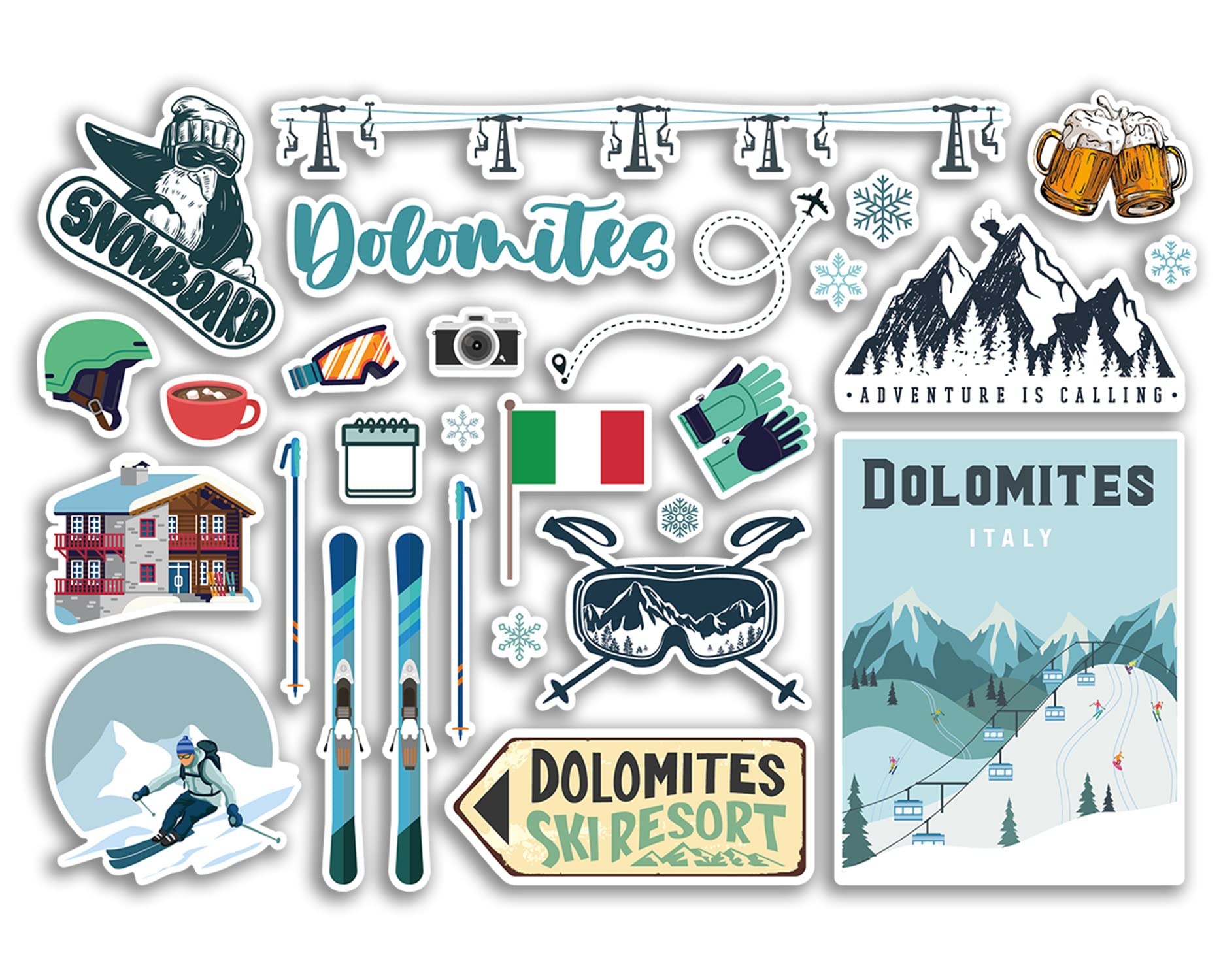 Dv Design Multi A5 Sticker Sheet Dolomites Vinyl Stickers - Italy Italian Ski Resort Mountains Snowboard Holiday Flag Travel Snow Sports Luggage Scrapbooking #79065
