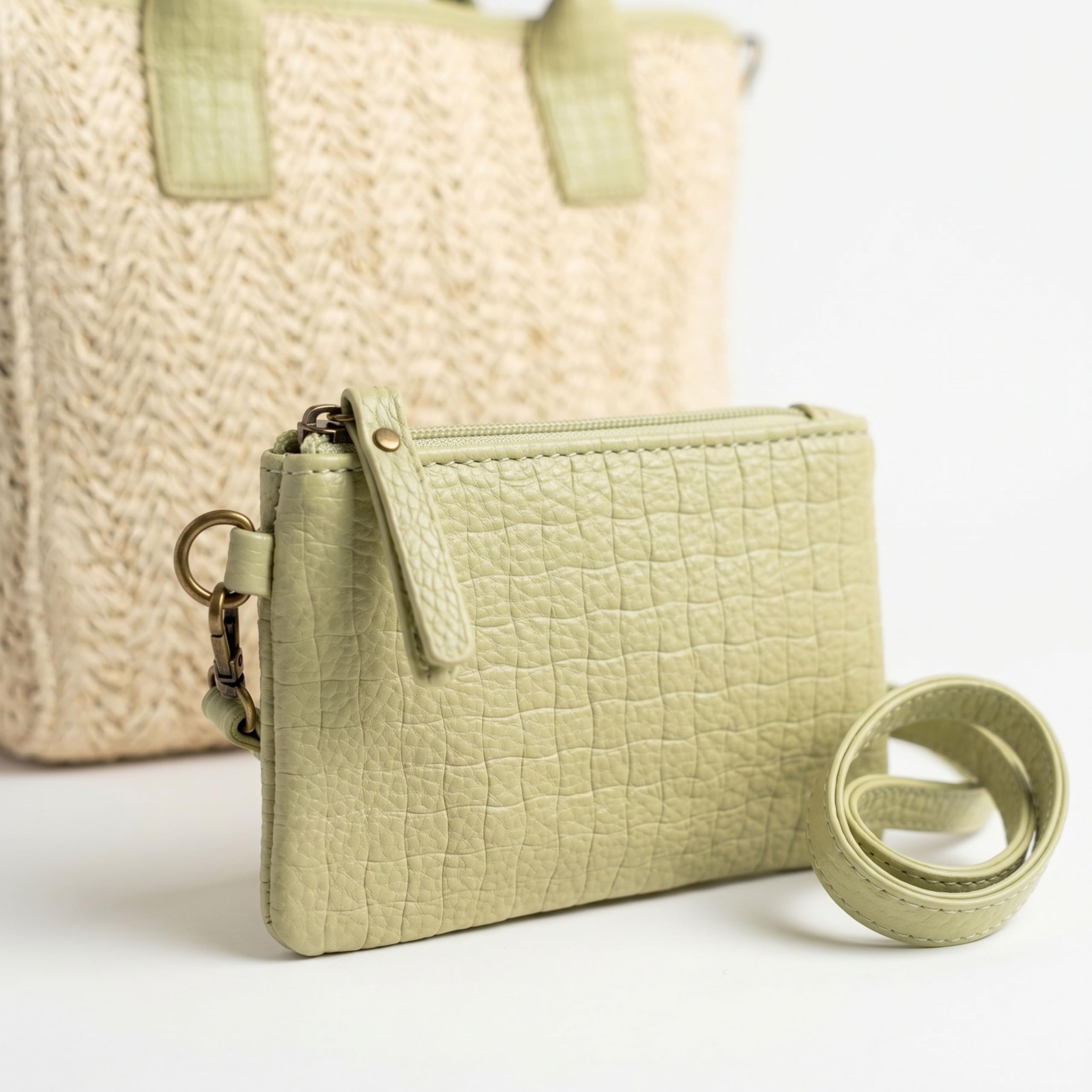 Bolso de Verano Mujer - Bolso Rafia Mujer con Detalles en Verde - Bolso Mimbre - Monedero a Juego - Cesta de Playa con Cremallera (Verde)