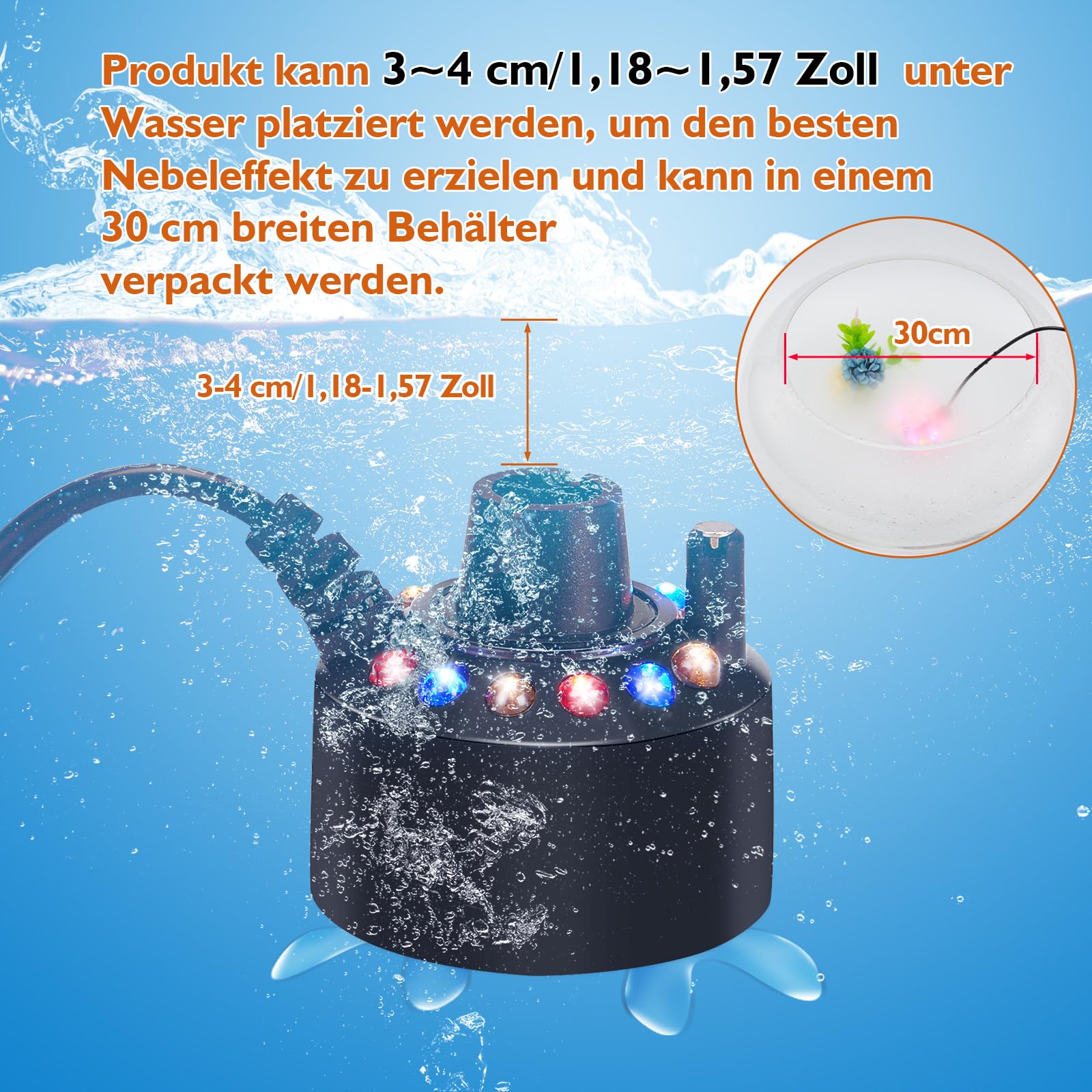 FITNATE 12 Luces LED Mist Maker Fogger, Generador de Niebla, Fogger Ultrasónico, Atomizador Humidificador de Aire, Fuente de Agua, Ideal para Decoración de Estanque, para Halloween y Otro Festival