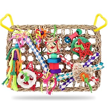 KATUMO Bird Toys, Bird Foraging Wall Toy, Edible Seagrass Woven Climbing Hammock Mat with Colorful Chewing Toys, Suitable for Lovebirds, Finch, Parakeets, Budgerigars, Conure, Cockatiel