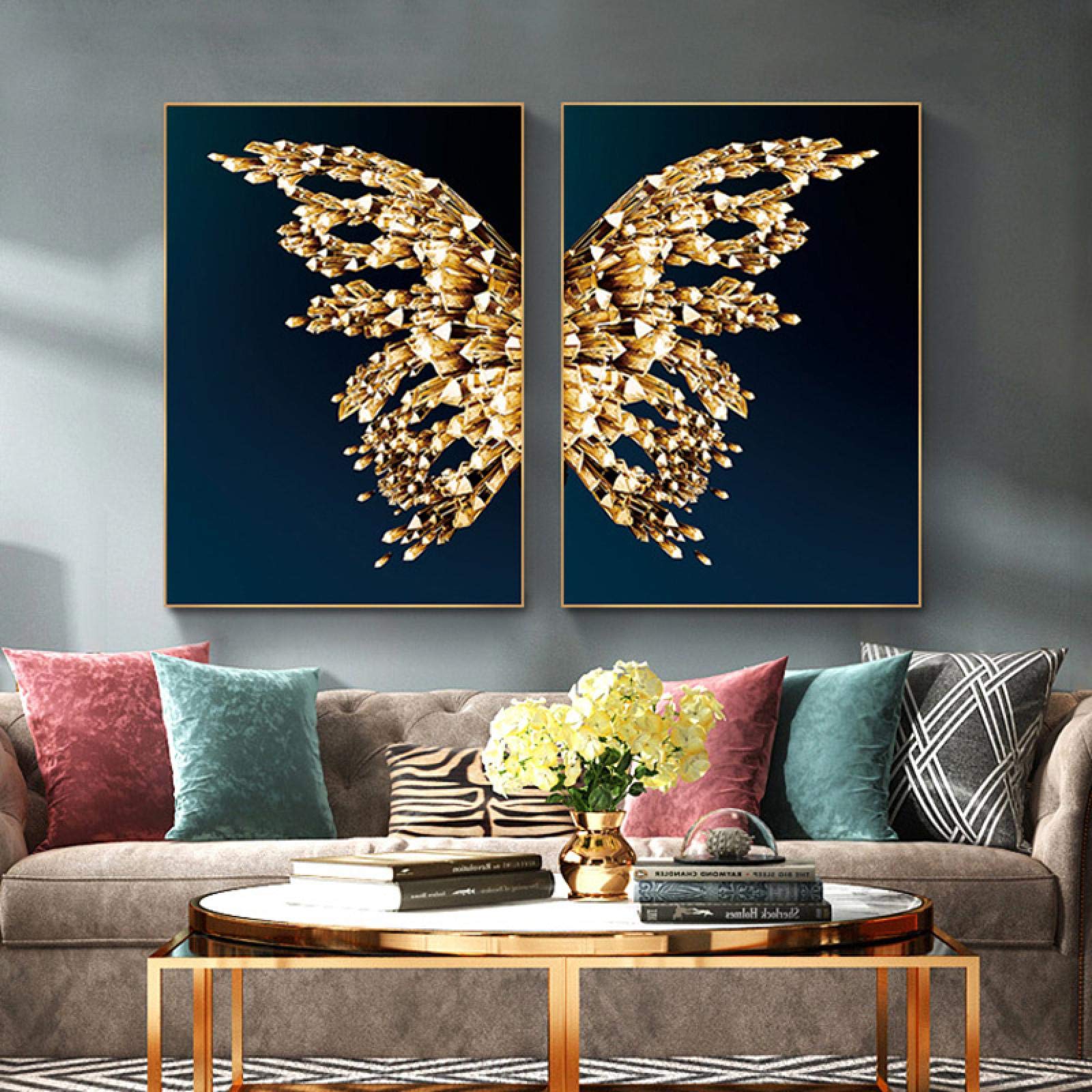 Yooyu Cuadro de lienzo de mariposa dorada, póster de pared de lujo, carteles de mariposas de lujo abstractos, decoración de habitación dorada negra, marco interno de 50x70x2cm