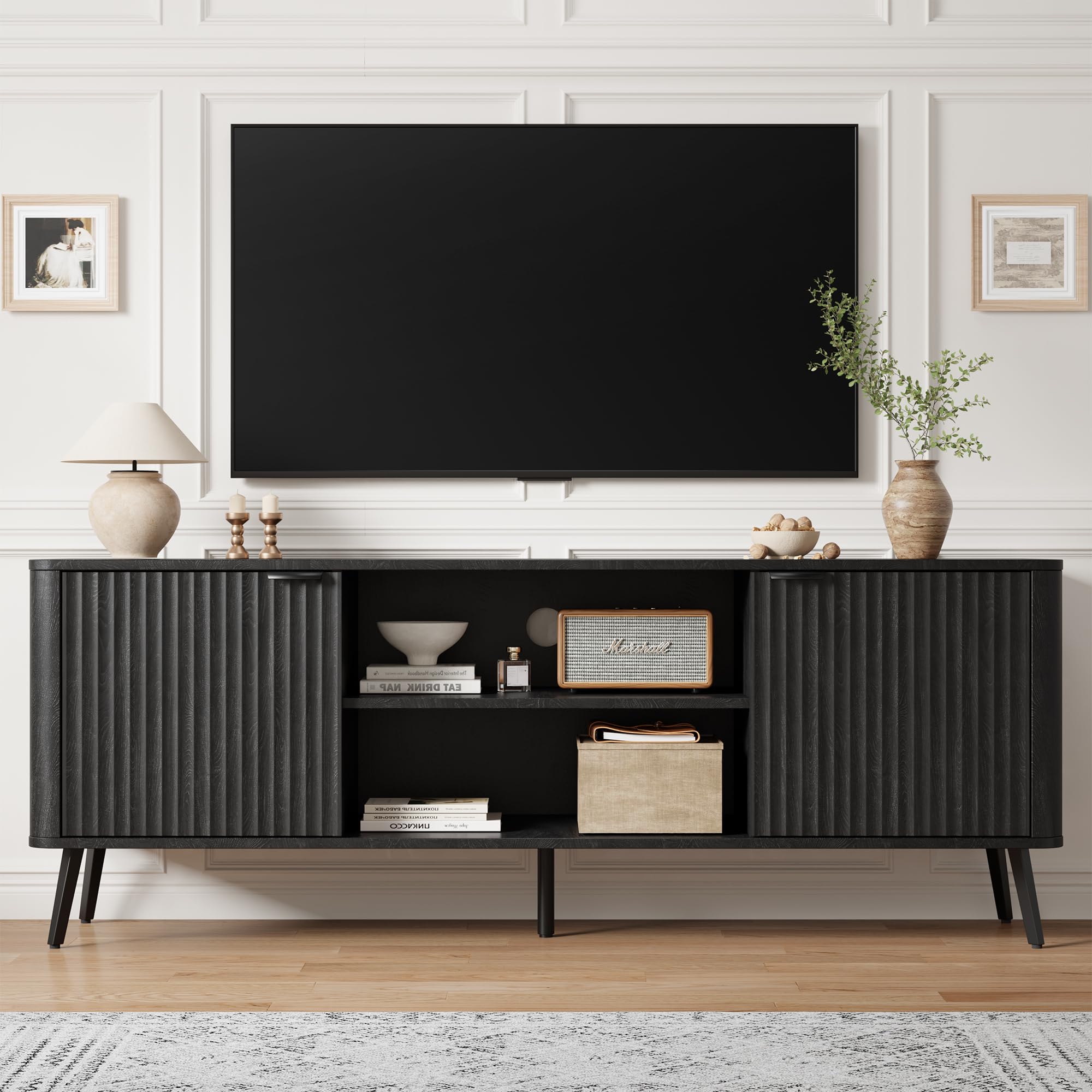 Fatmok TV Stand, 58" Modern Media TV Console Table with Storage for 55/60/65 inch TV, Mid Century Entertainment Center with Fluted Door Cabinets and