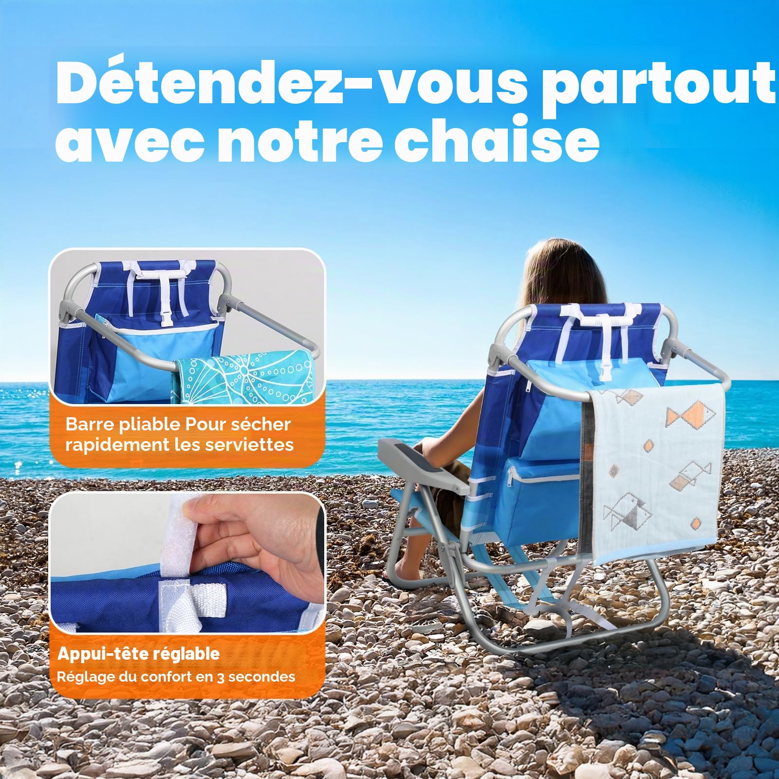 Homecall Chaise de plage pliable légère - Dossier réglable sur 5 niveaux - Fauteuil de plage pliable jusqu'à 136 kg - Pour la plage, l'extérieur (basse, vague bleue, 1 pièce)