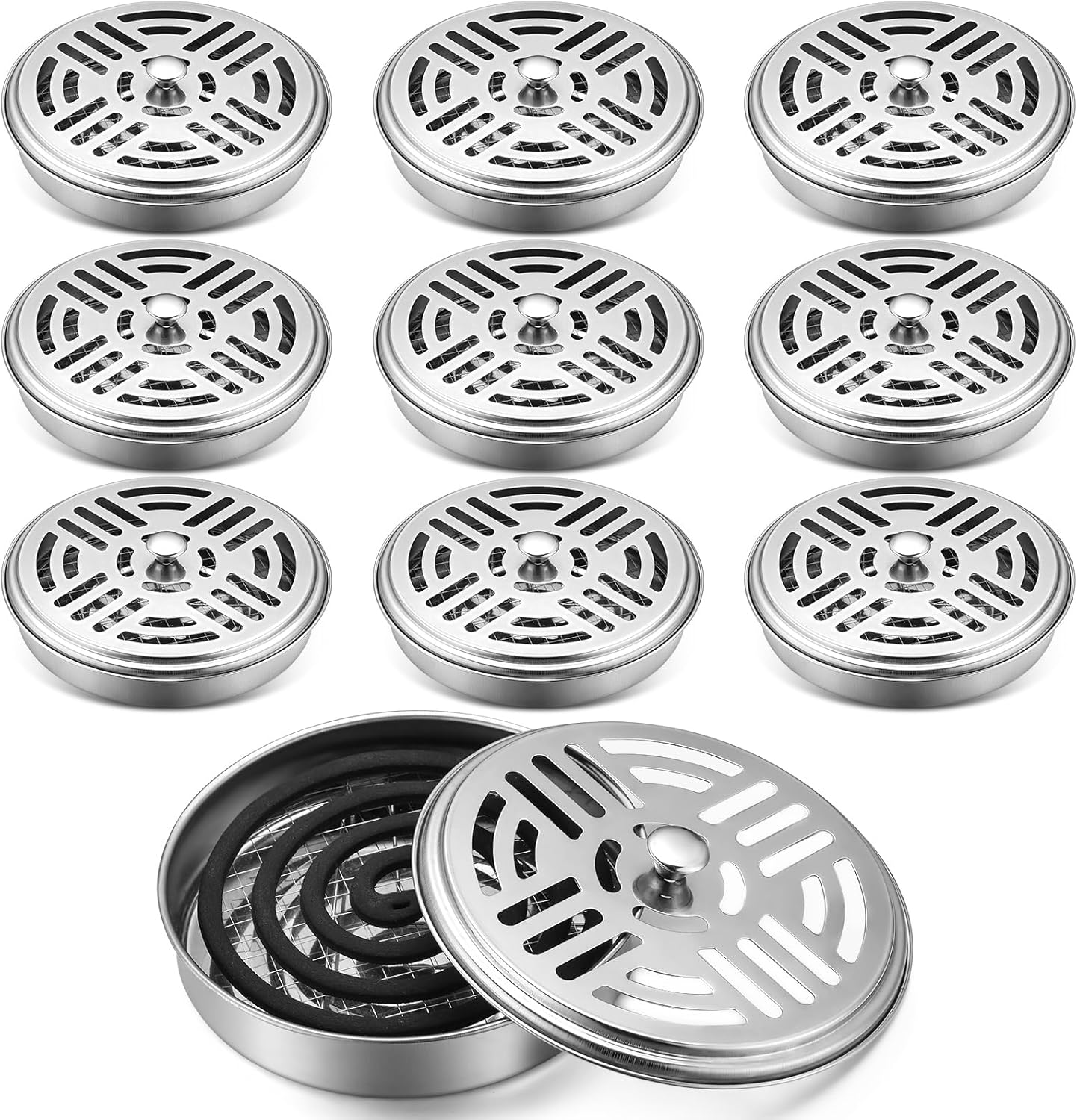 MorningRo 10 Pack Portable Mosquito Incense Coil Holders Mosquito Incense Box Sandalwood Holder with ​Handle for Home Outdoor Office Camping(Silver,Mesh Style)